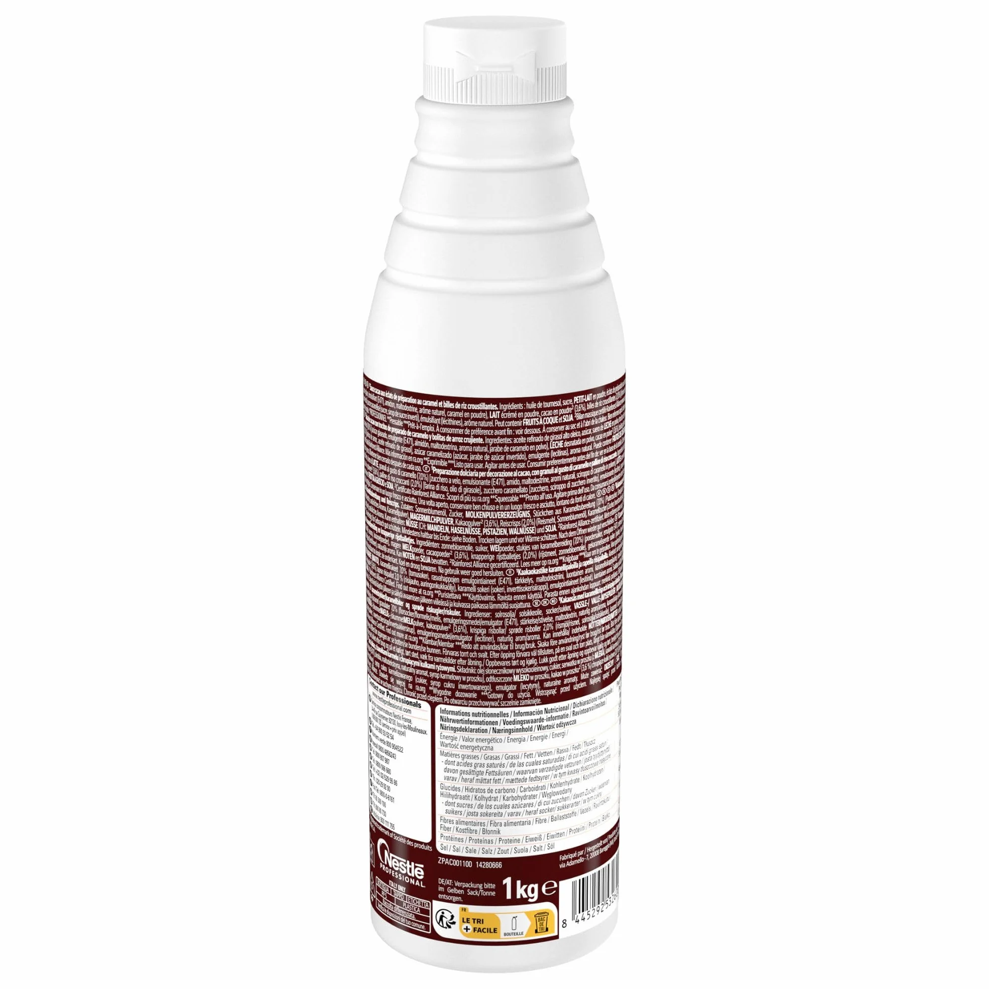 LION Sauce Cacao aux Eclats de Caramel et Billes de Riz Croustillantes - Prêt-à-l'Emploi - Topping, Nappage, Idéal pour les Desserts et Décorations - Bouteille Squeeze 1kg