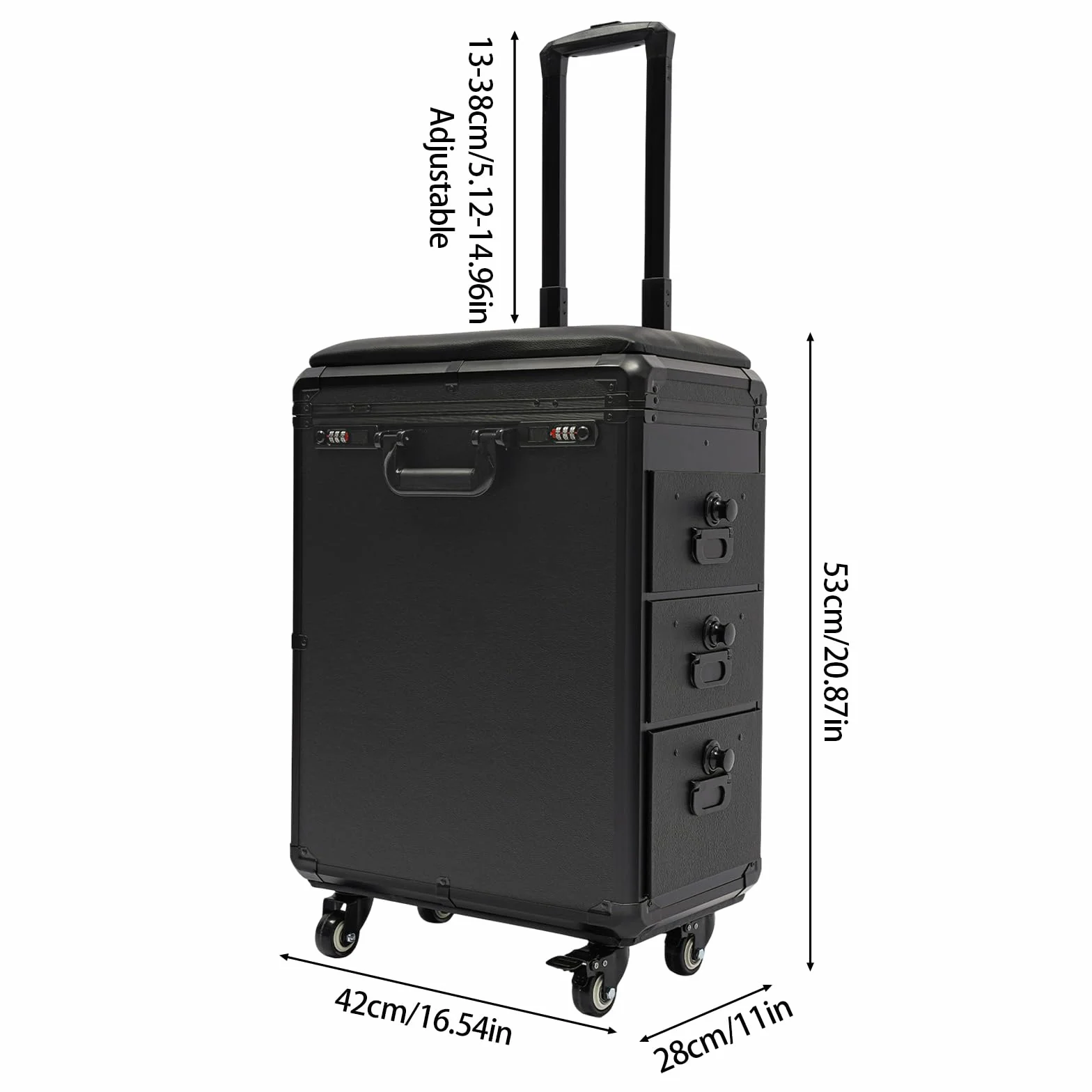 Mallette de maquillage trolley avec 3 tiroirs, serrure à combinaison et support pour accoudoirs
