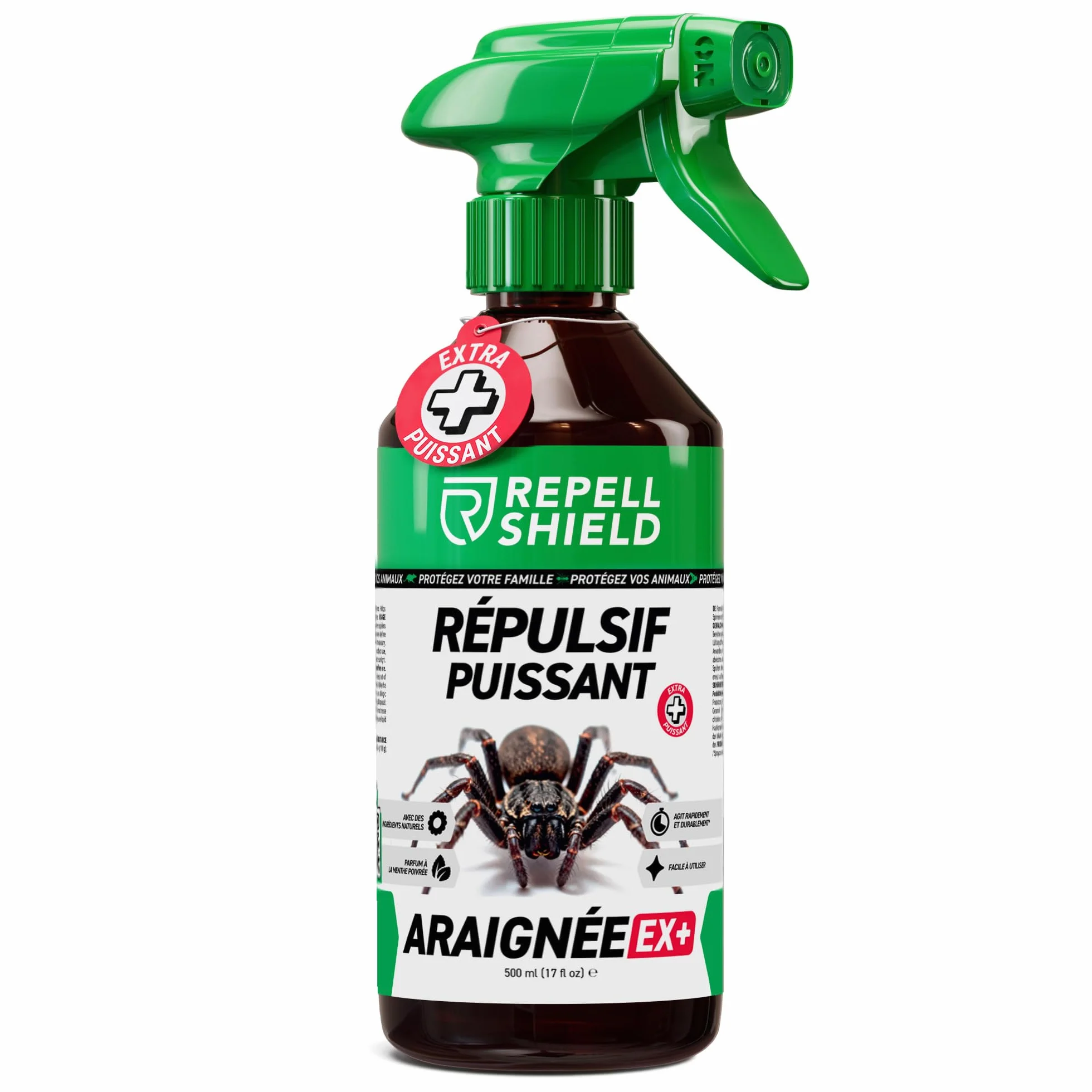 RepellShield® Spray Anti Araignées Maison & Jardin -500ml- Non Tachant, Prêt à l'Emploi, Usage Intérieur & Extérieur - Répulsif Araignée à la Menthe Poivrée, Géraniol, Extrait de Chrysanthème