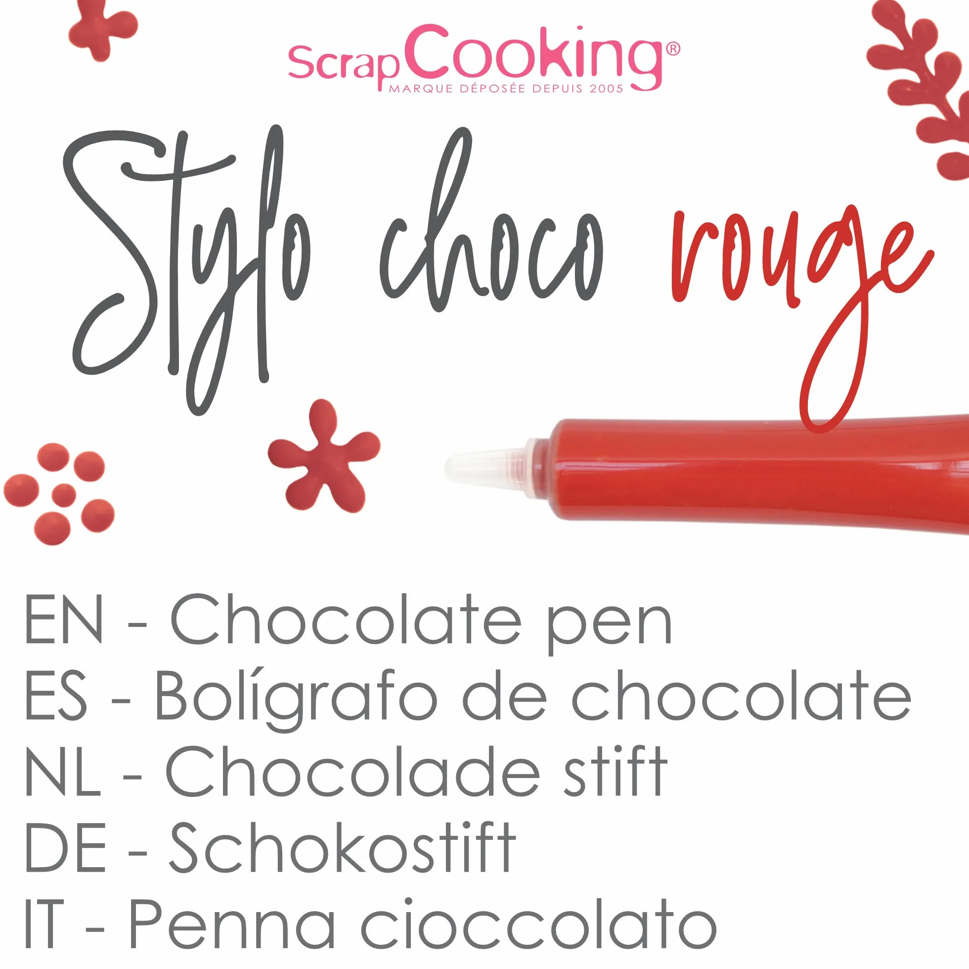 ScrapCooking - Stylo Choco Rouge - Crayon Alimentaire Pâtisserie 25 g - Stylo Décoratif Comestible - Écrire & Dessiner sur Desserts, Gâteaux & Biscuits Noël Anniversaire - 6803