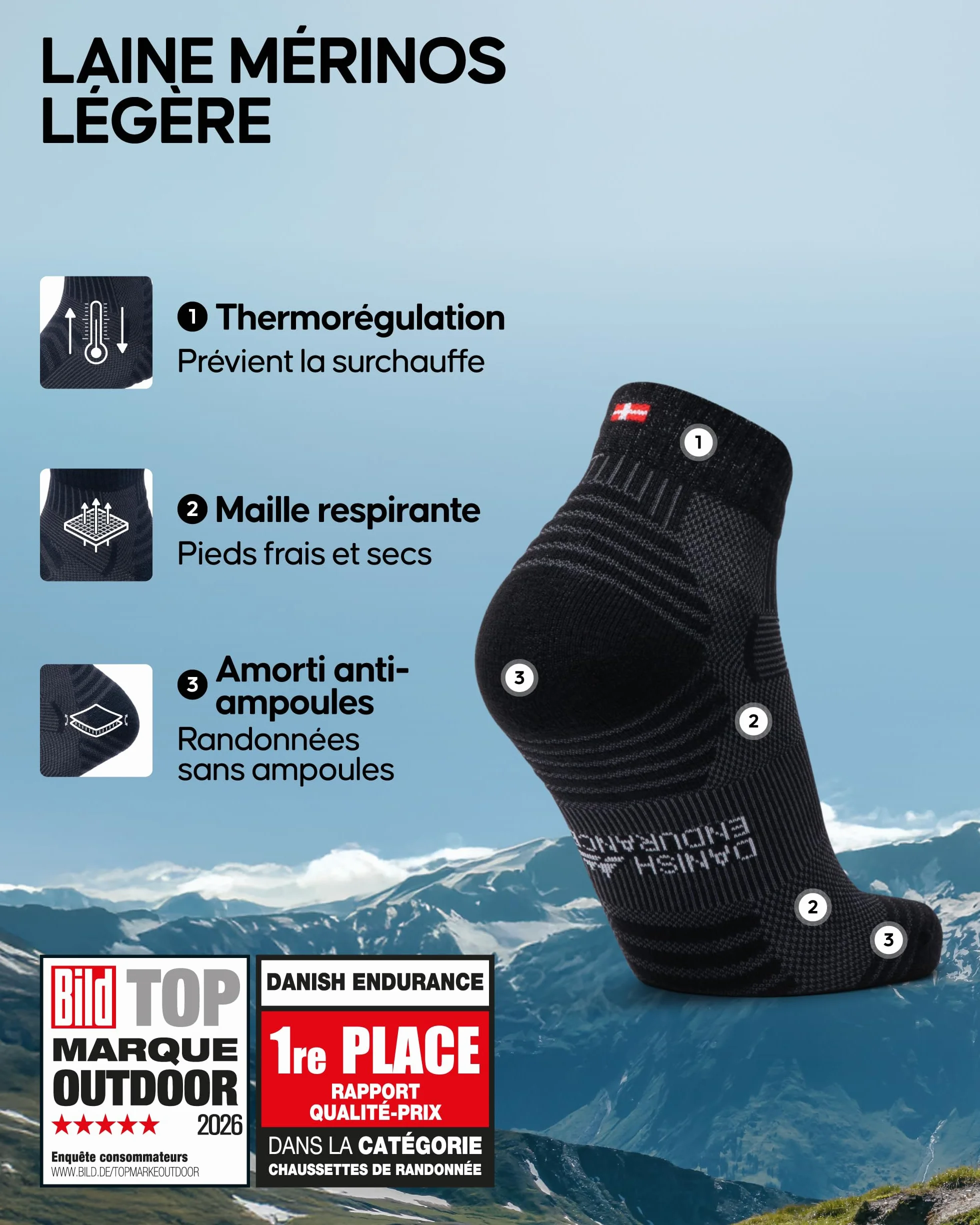 DANISH ENDURANCE Chaussettes de Randonnée en Laine Mérinos Légères, Anti-blister, Lot de 3
