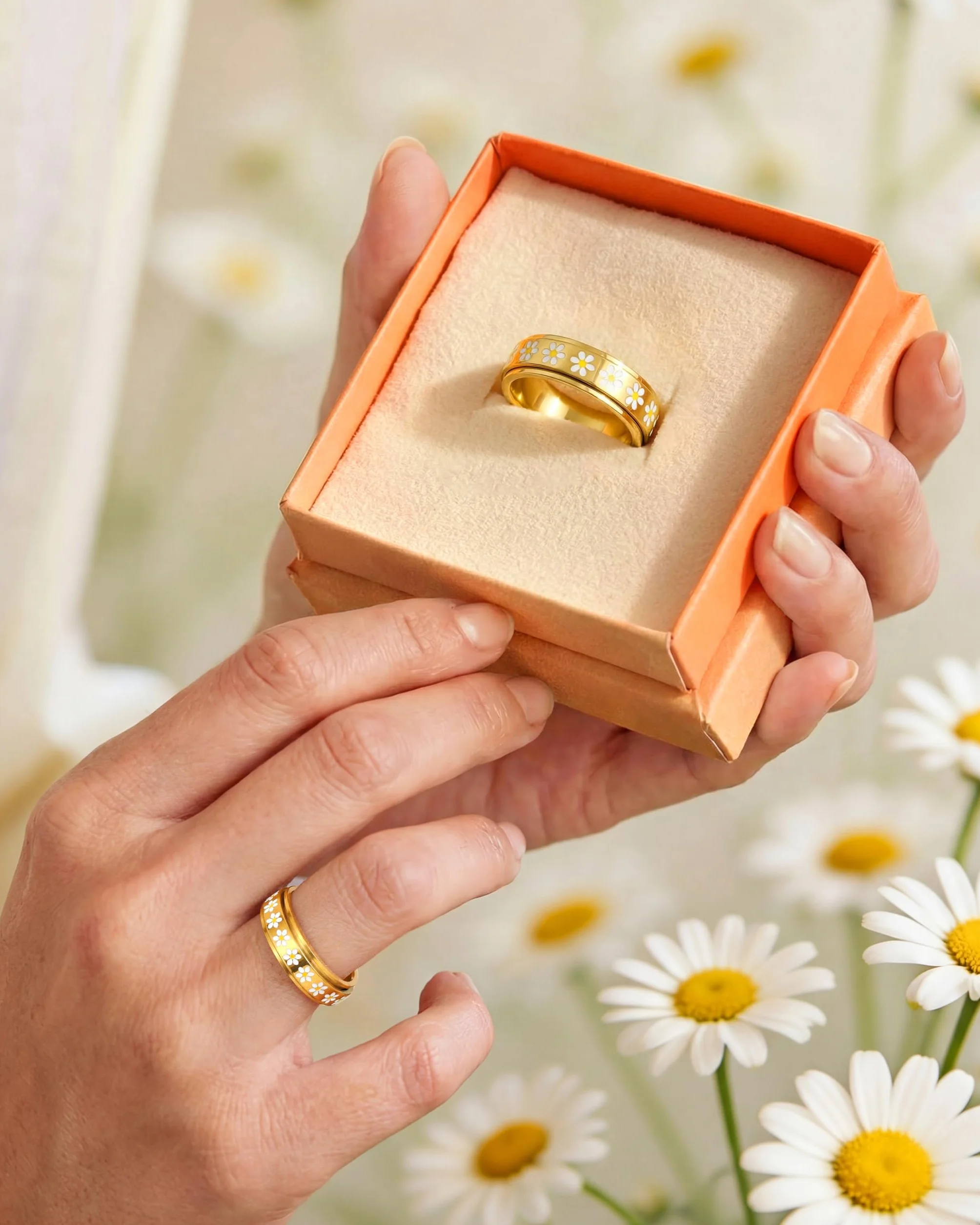 Bague Anti Stress Tournante Marguerite Acier Inoxydable Doré Argenté, Bague Fidget Spinner Fleur
