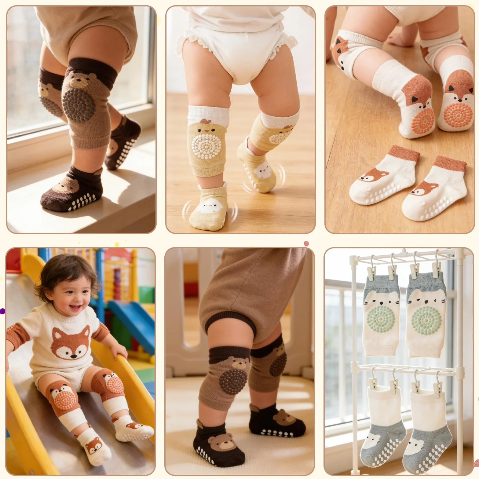 Genouillères Bébé Chaussettes Antidérapantes Motif Animaux 5 Paires
