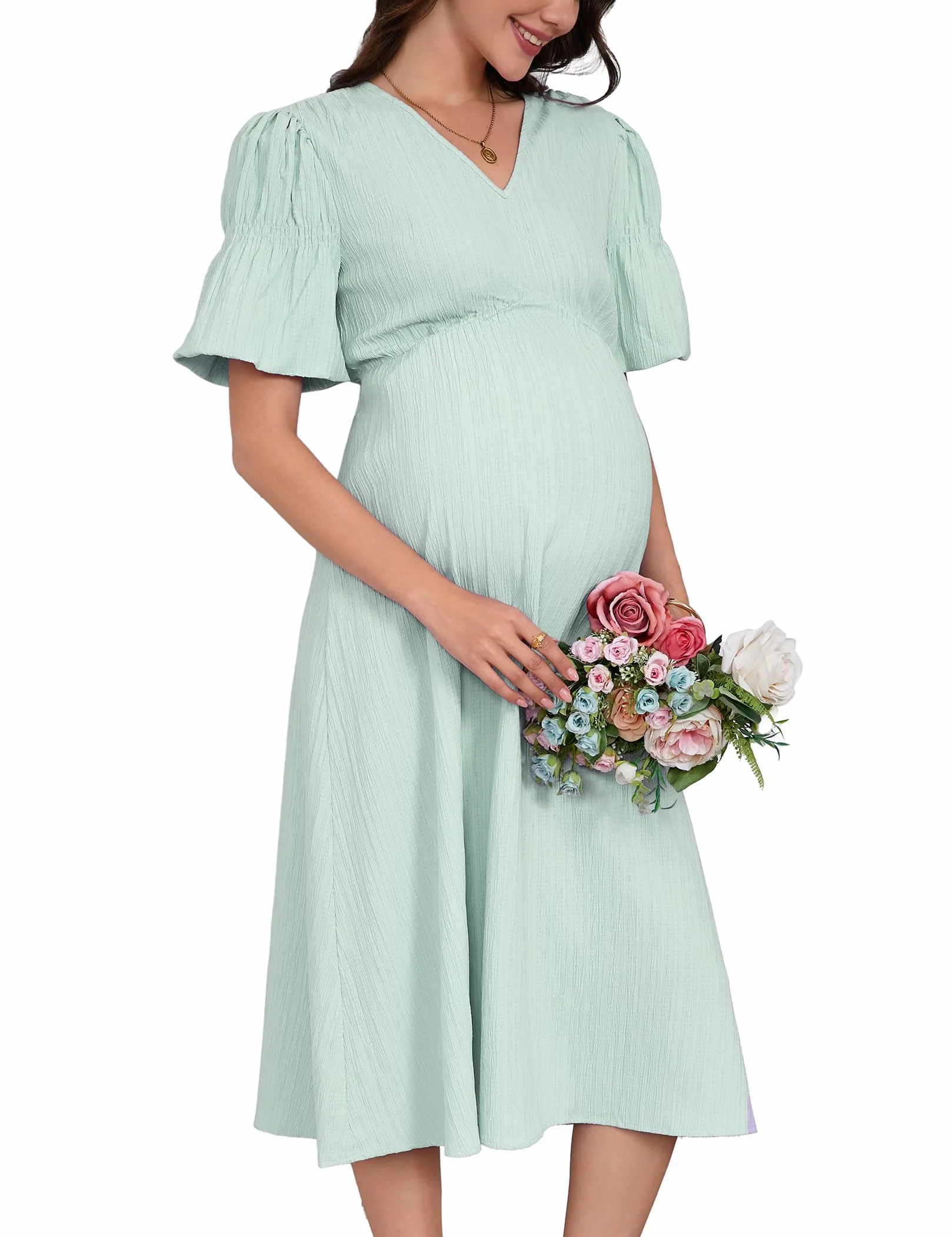 YesFashion Robe de grossesse élégante col en V longue robe d'allaitement taille haute manches lanterne