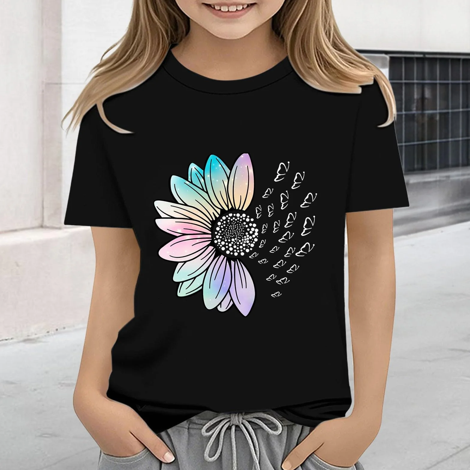 T-shirt graphique à manches courtes col rond pour filles - Motif mignon - Ample et doux - Chemisier d'été décontracté - Léger - Vêtements athlétiques
