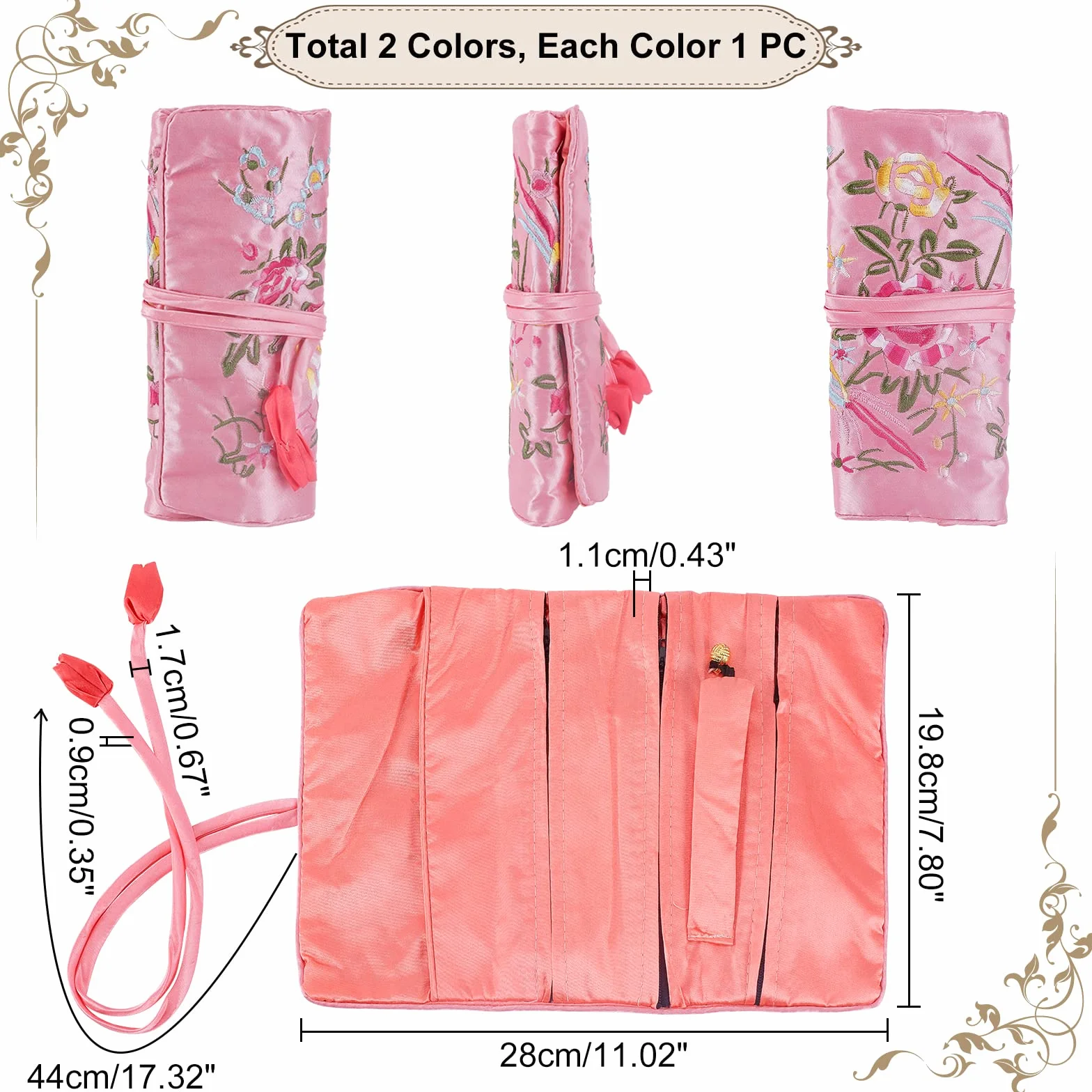 PH PandaHall 2pcs Organisateur de Bijoux en Rouleau, Sac en Brocart à Fleurs Sac de Voyage Pliable avec Fermeture à Nouer pour Bagues Collier
