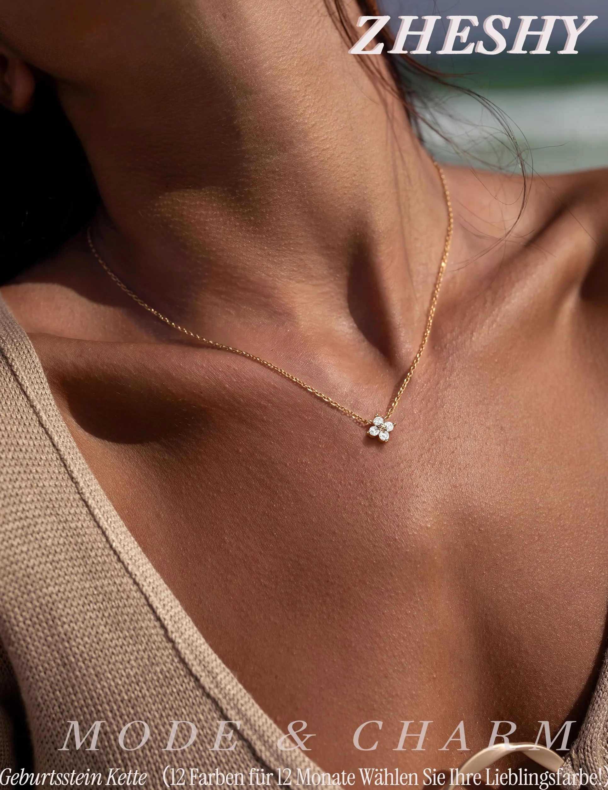 Collier Femme Or Plaqué Or 14k Zircone Cubique Trèfle 4 Feuilles Réglable Imperméable Cadeau