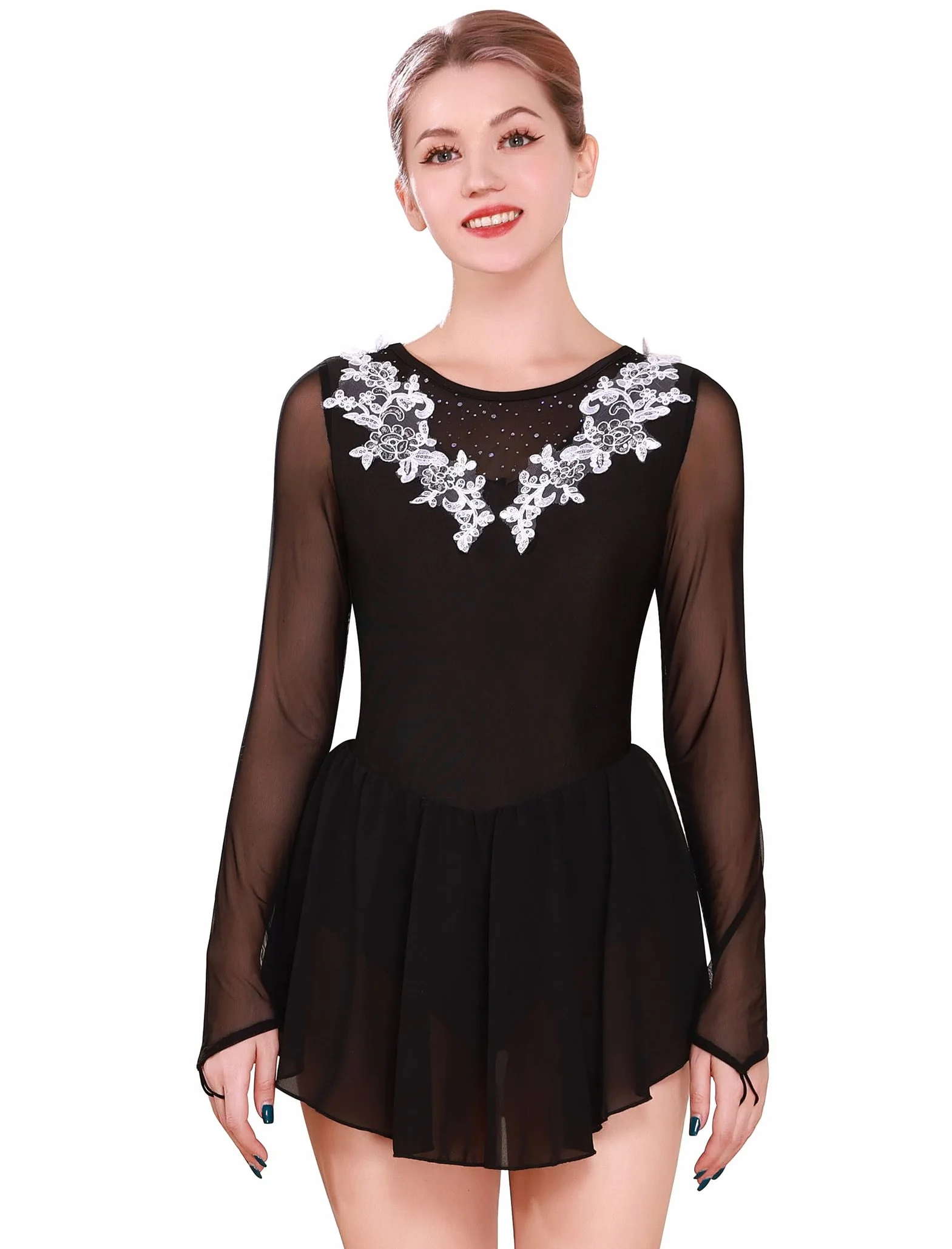 FYMNSI Robe de danse pour femme patinage artistique manches longues strass fleurs jupe mousseline soie justaucorps