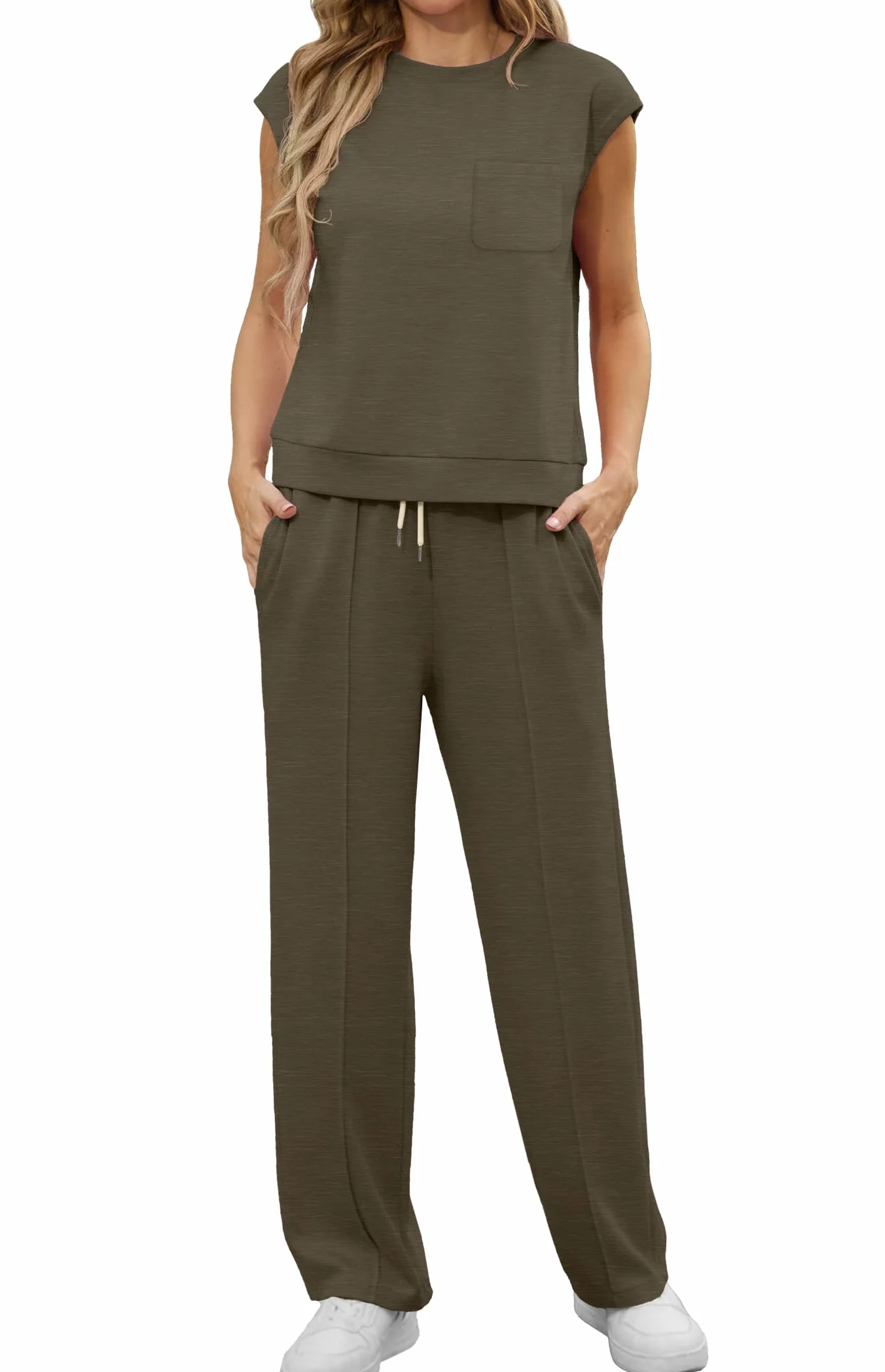 GRECERELLE Survêtement deux pièces Femmes Ensemble Casual Crew Neck Cap Sleeve Tops et Jogging avec Poches