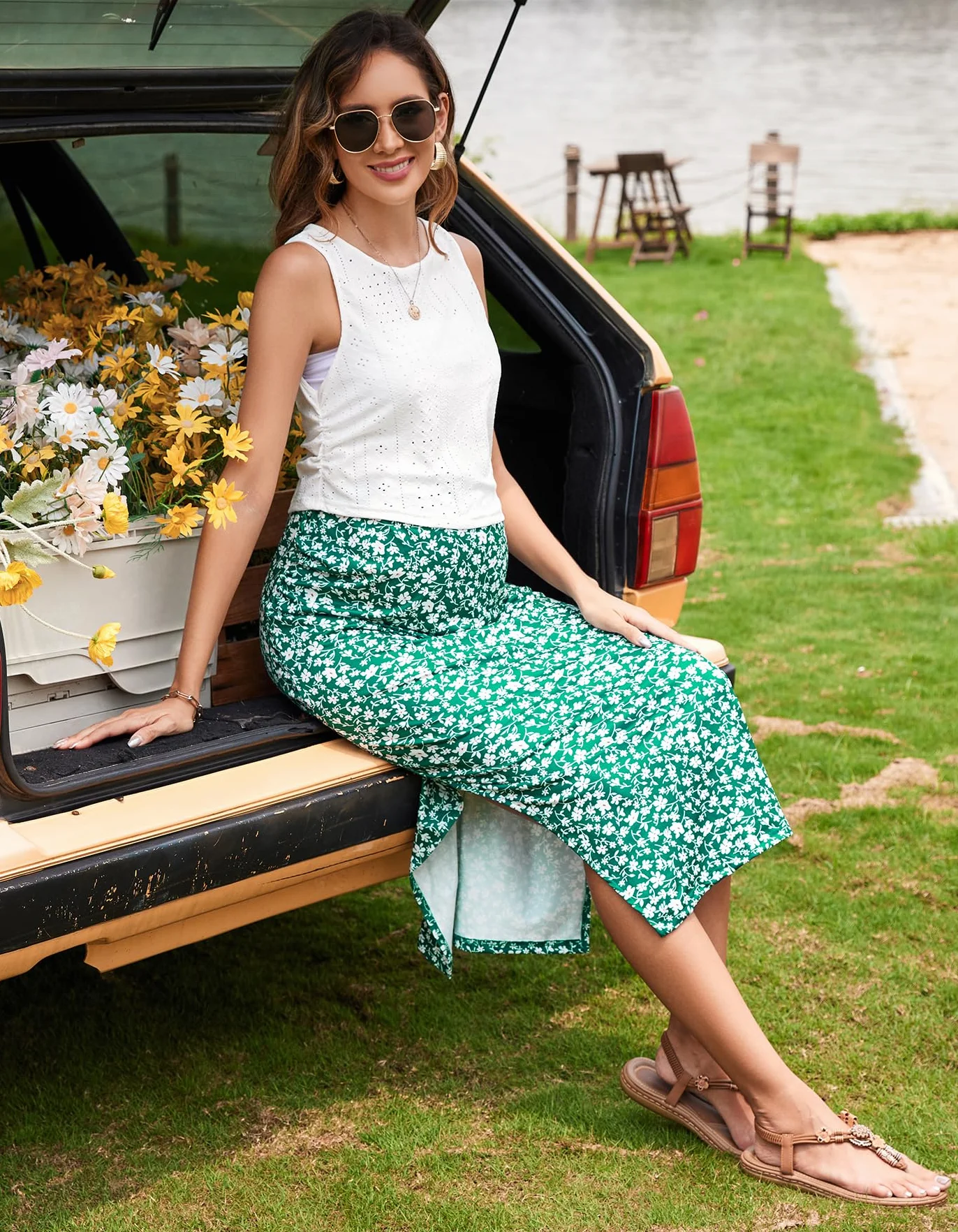 Femme Jupe de Maternité Ensemble 2 Pièces Top Court sans Manches Imprimé Floral Fendue