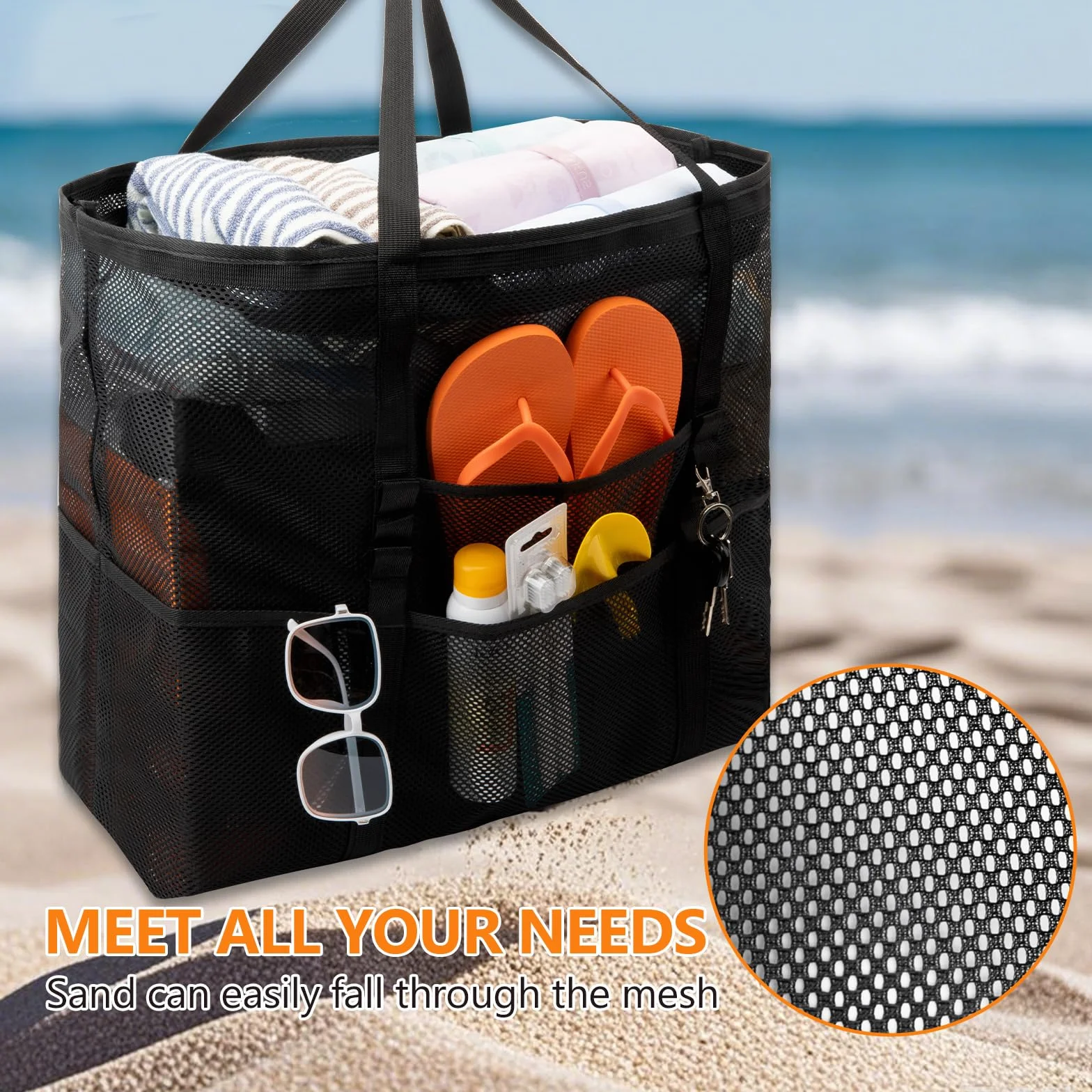 Grand Sac de Plage XXL Famille Cabas Femme Pliable Anti-Sable Rangement Plage Piscine Voyage Shopping