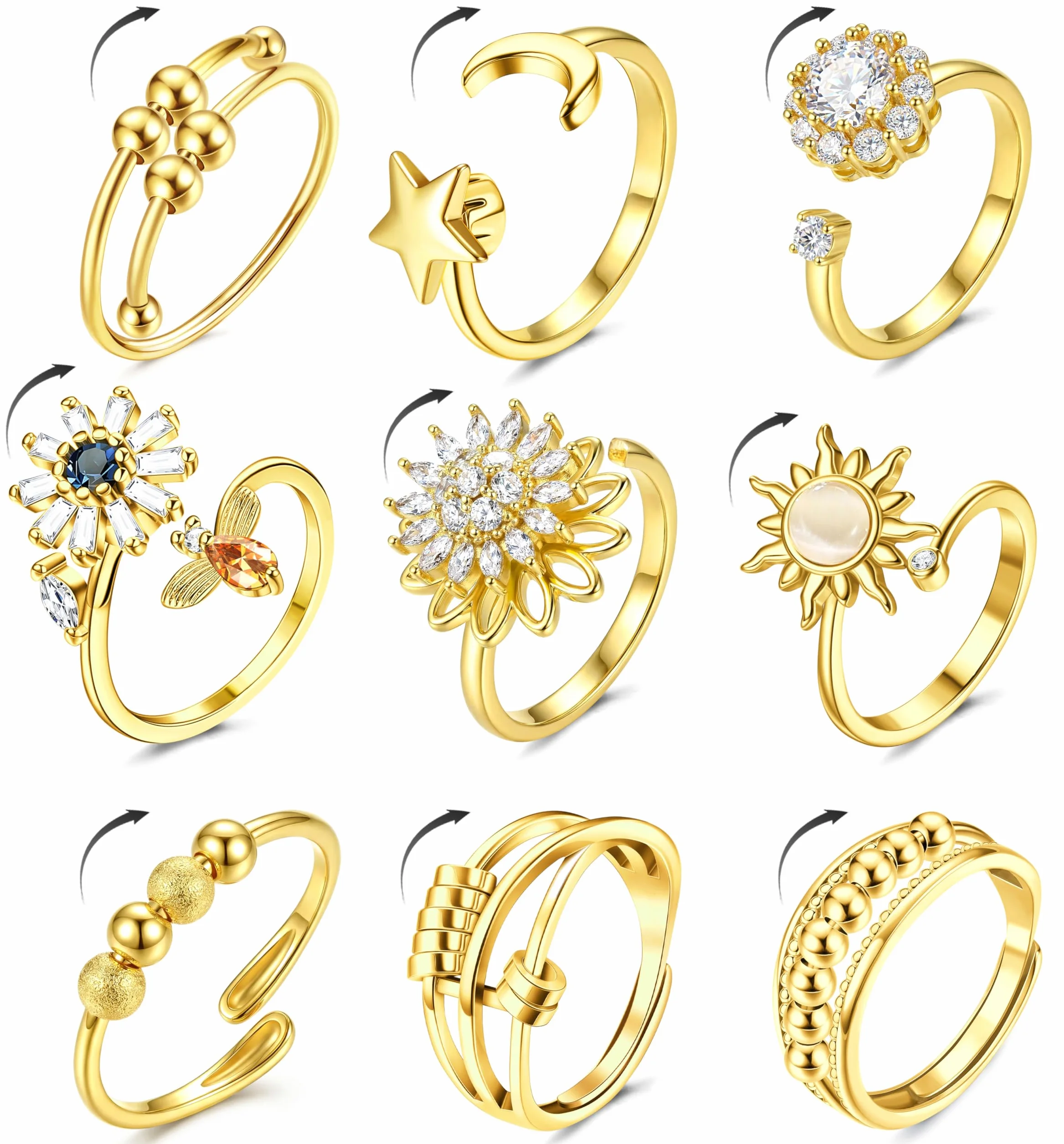 Kakonia 9 Pièces Bague Anti Stress Femme Enfant Argent Or Fidget Bague Anxiété Rotative Antistress Reglable Empilables Spinner Ensemble Relaxation