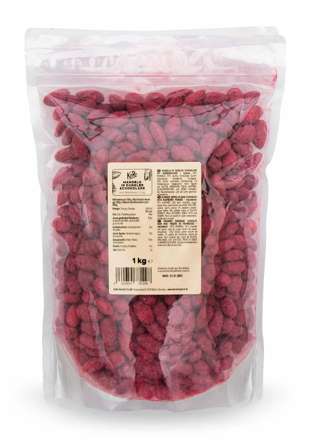 KoRo - Amandes au chocolat poudre de framboises lyophilisées 1 kg - Une tentation chocolatée