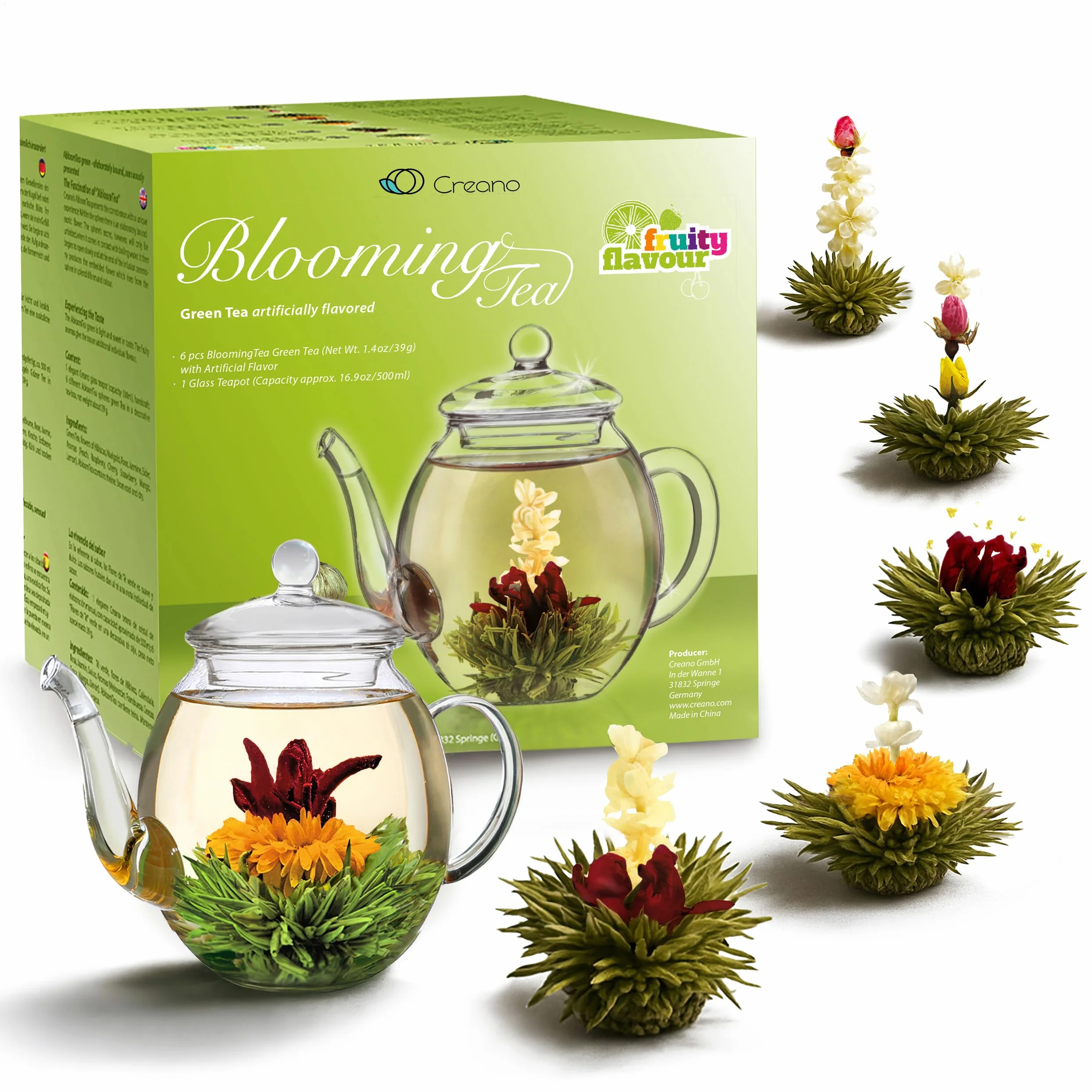 Creano „Fleurs de Thé“ Verts 6 pcs – Théière en Verre 500ml sans goutte – 6 variétés de thé vert aromatisé – Idée cadeau femme