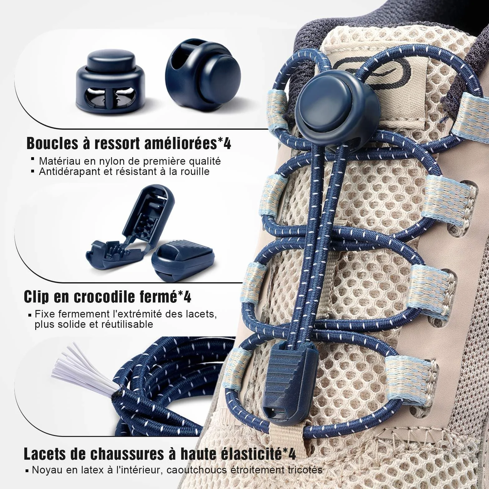 Lacets Élastiques Autobloquants 120 cm - Système ultra rapide sans laçage pour Enfants, Adultes