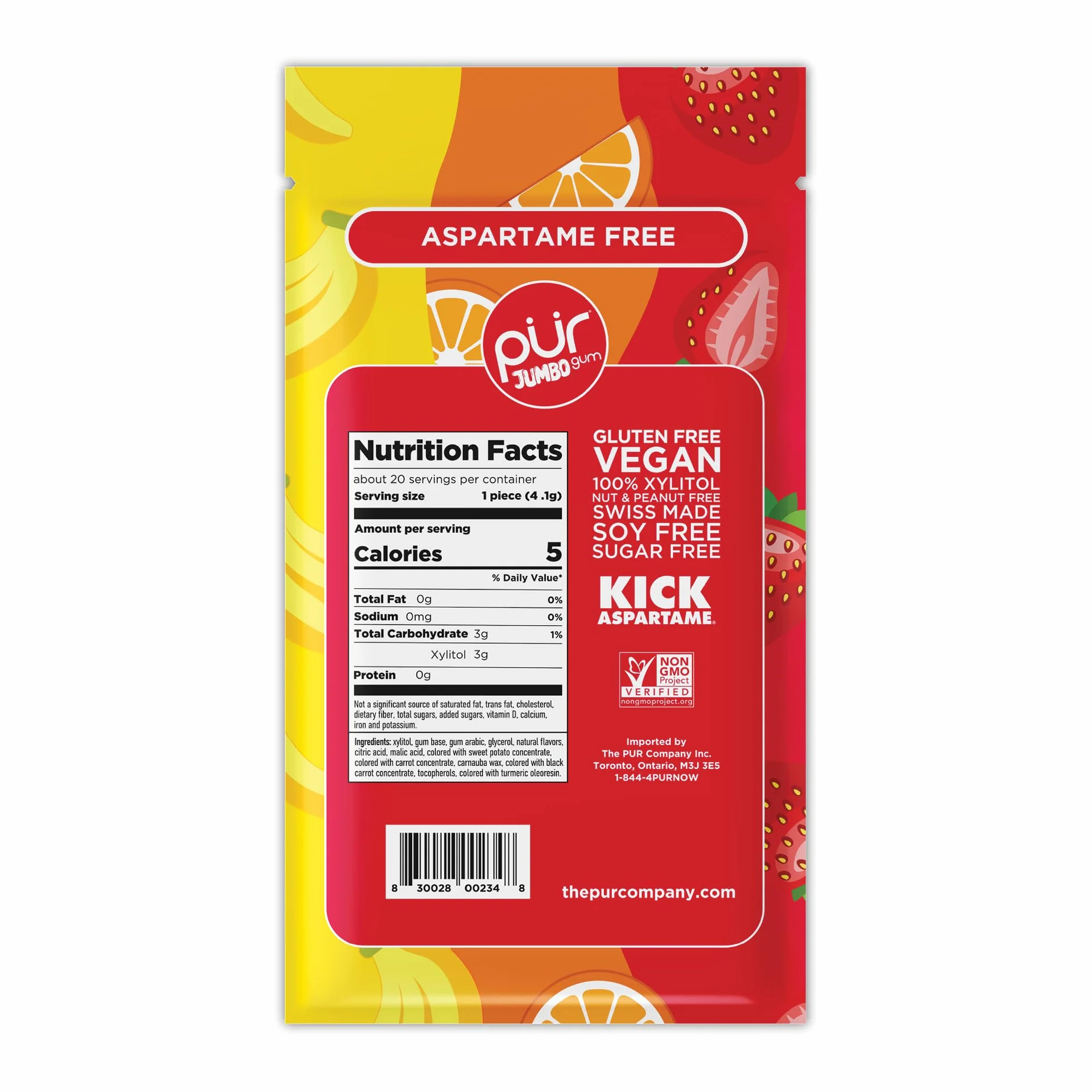 PUR Jumbo Gum Sans Aspartame Au Xylitol Arôme Naturel Fraise Banane Orange 20 Pièces Lot de 3