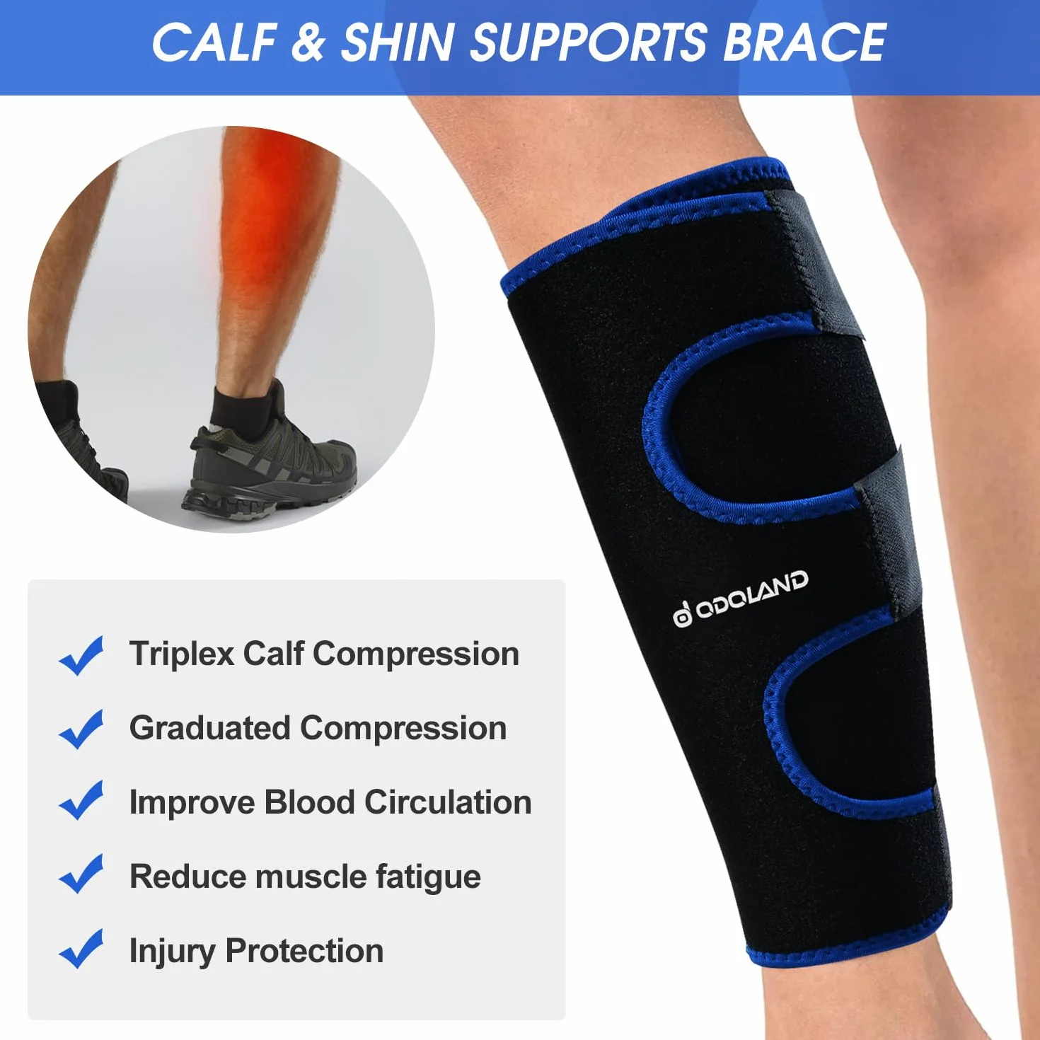 Odoland Bandage Compression Mollet Réglable Graduée Protection Musculaire Trail Triathlon Taille Unique