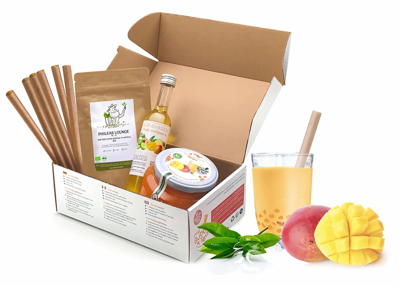 KIT BUBBLE TEA MANGUE - 8 Boissons - Sans colorant artificiel - Vegan et sans gluten - 8 pailles offertes