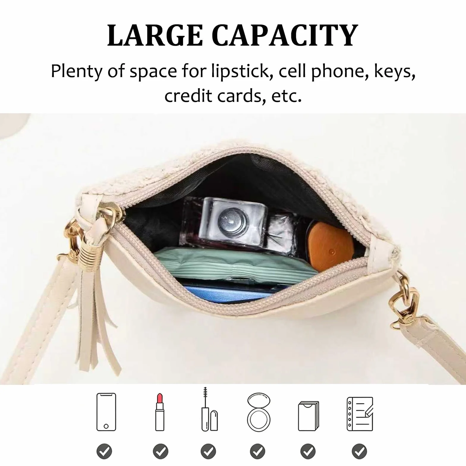 Sac à Main Femme Cuir Blanc Fleurs Ajourées Bandoulière Fermeture à Glissière Besace Pochette