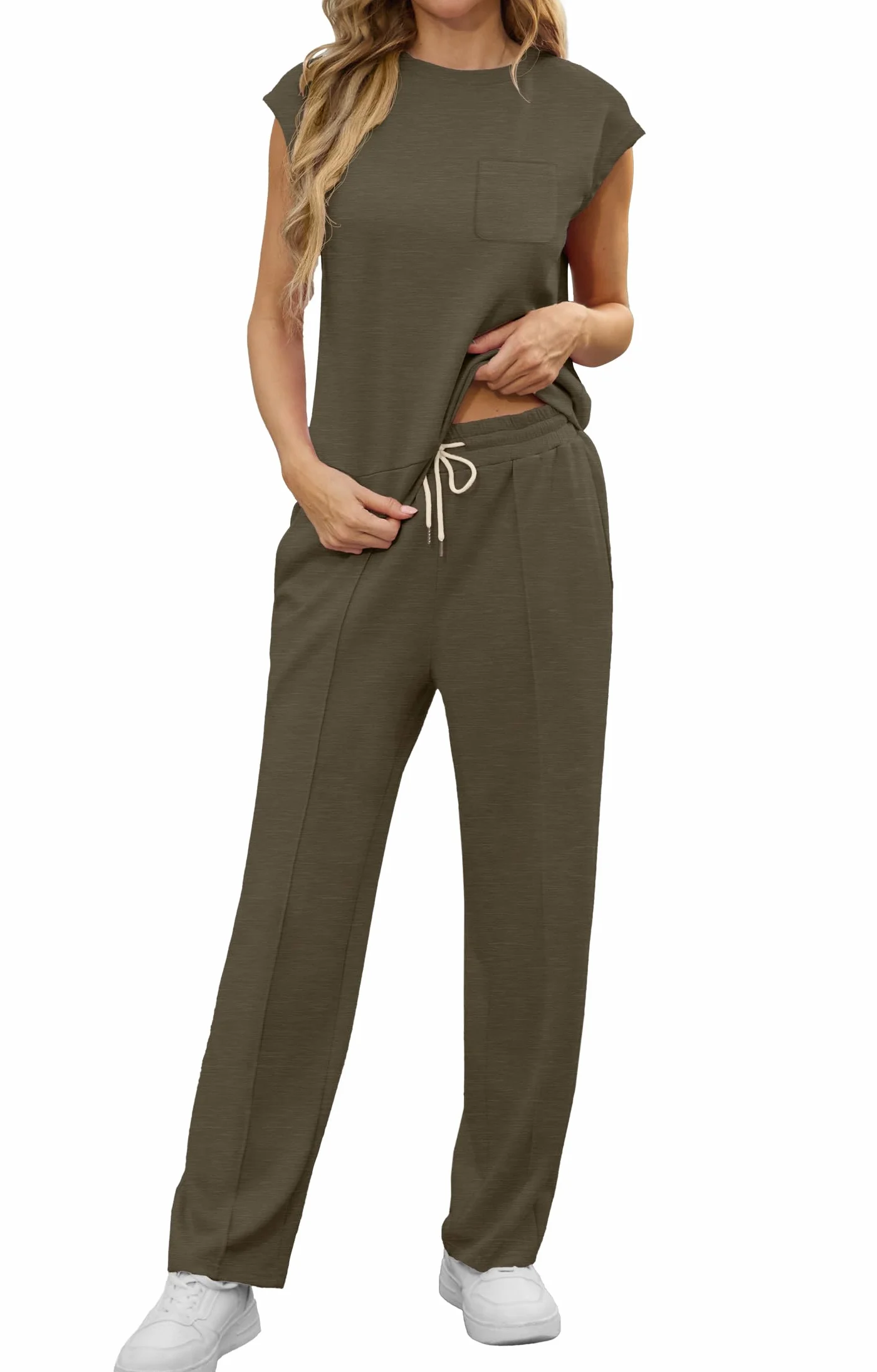 GRECERELLE Survêtement deux pièces Femmes Ensemble Casual Crew Neck Cap Sleeve Tops et Jogging avec Poches