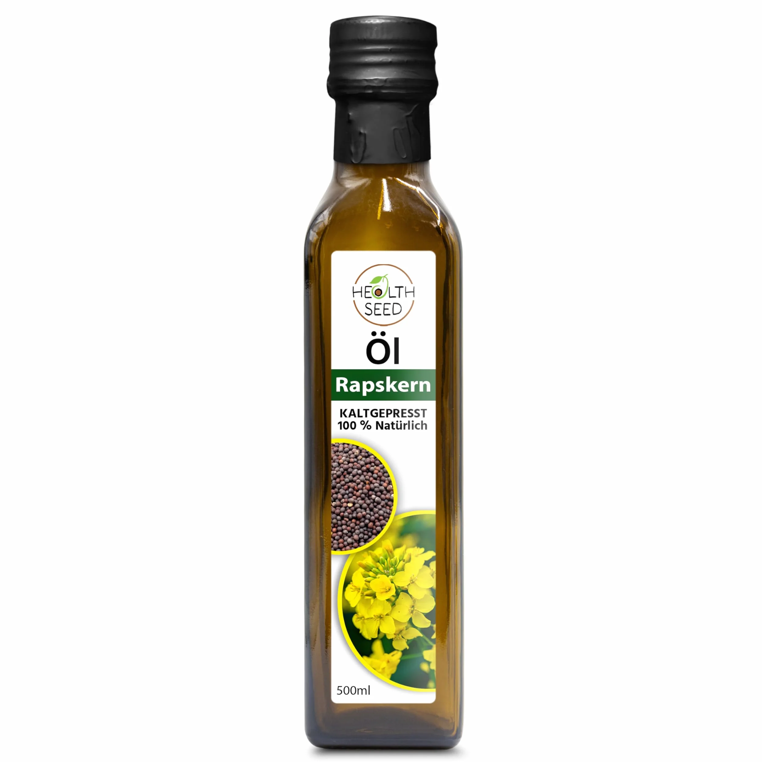 Health Seed® Huile de noyau de colza non filtrée - Bouteille en verre pressée à froid 100 % pure - Fraîche du fabricant - 500 ml