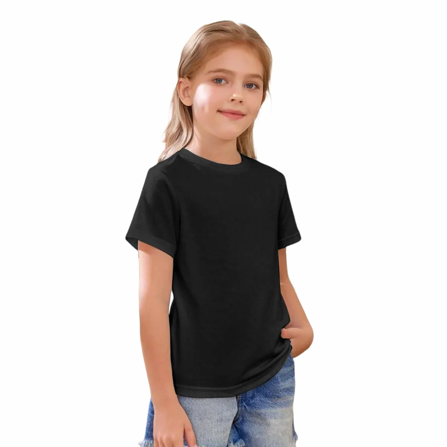 T-shirt à manches courtes en coton pour filles col rond haut basique enfants