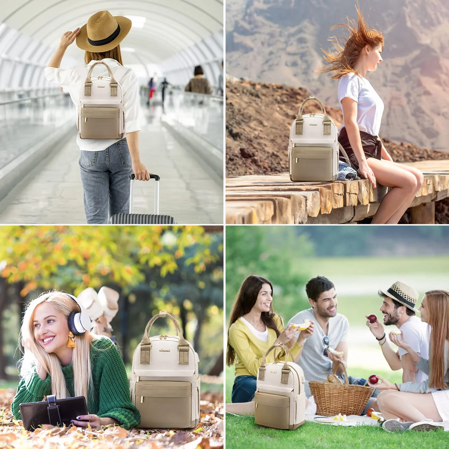 LOVEVOOK Petit Sac à Dos Femme, Mini Sac à Main Imperméable Antivol avec Port USB, Kaki Beige