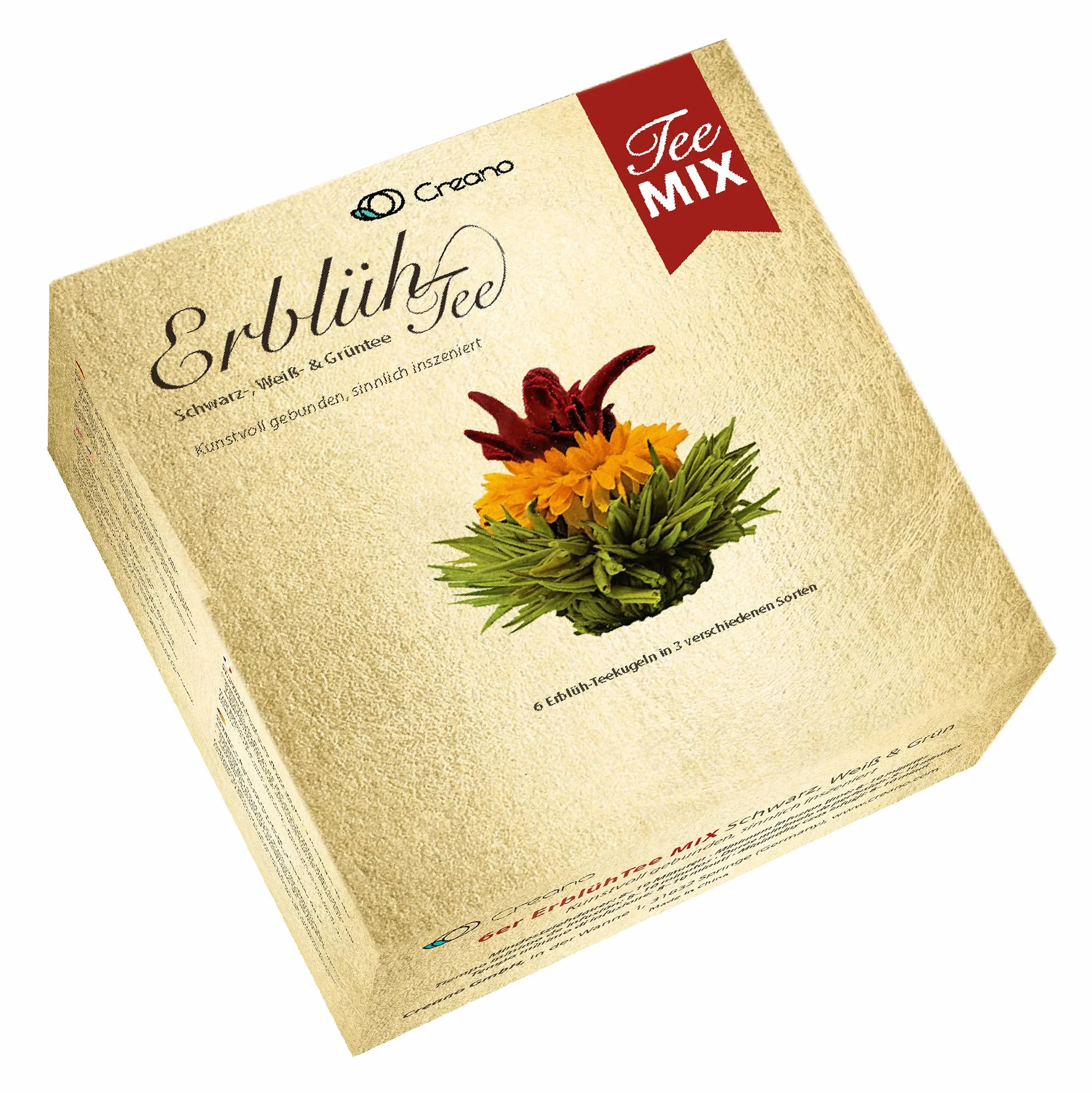 Creano Coffret Cadeau d'Or Fleurs de Thé Mix 6 pcs – Théière en Verre 500ml sans goutte – Thé Blanc, Vert & Noir – Idée Cadeau Femme, Maman, Anniversaire