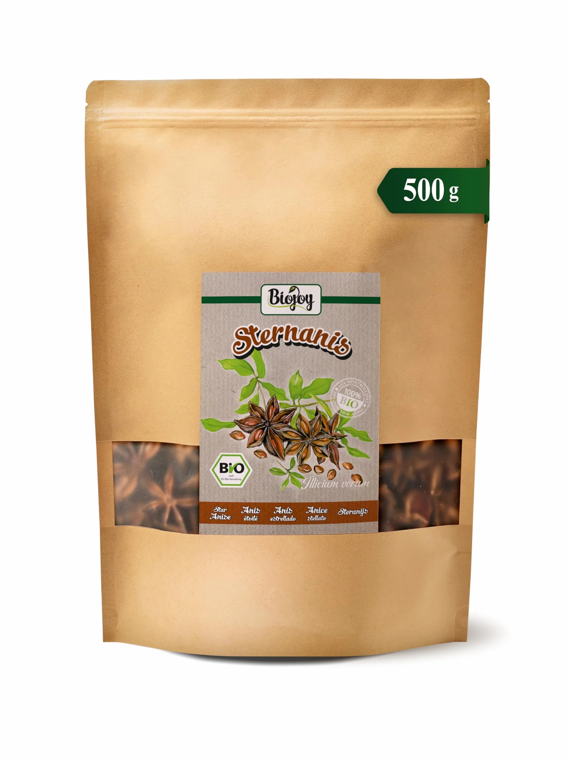 Biojoy BIO-Anis étoilé entière (500 g), thé d'anis, sans additifs (Illicium verum)