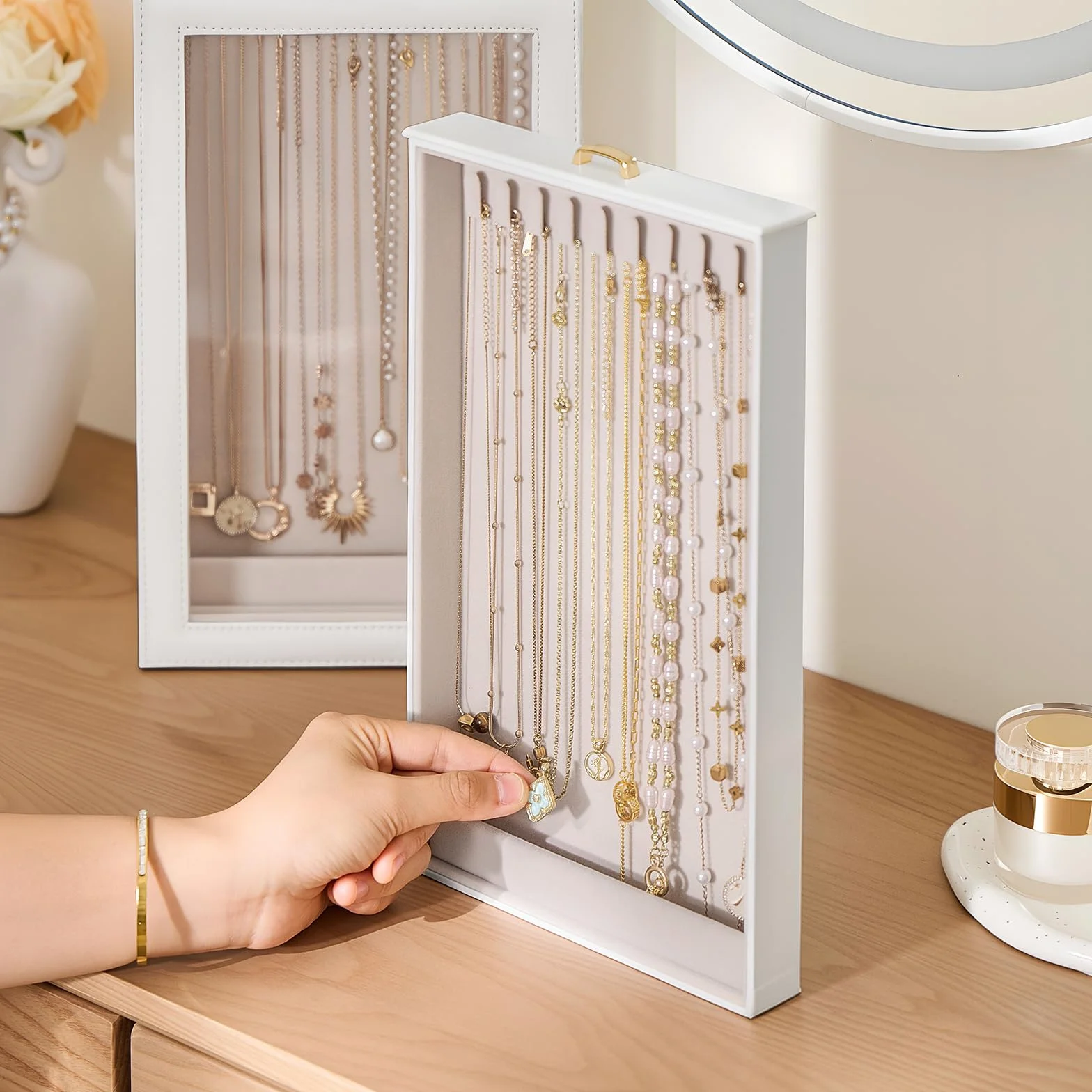 Lolalet Boîte à Colliers à 2 Niveaux, Rangement Collier, Présentoir Bijoux avec Couvercle Transparent, Intérieur en Velours Blanc