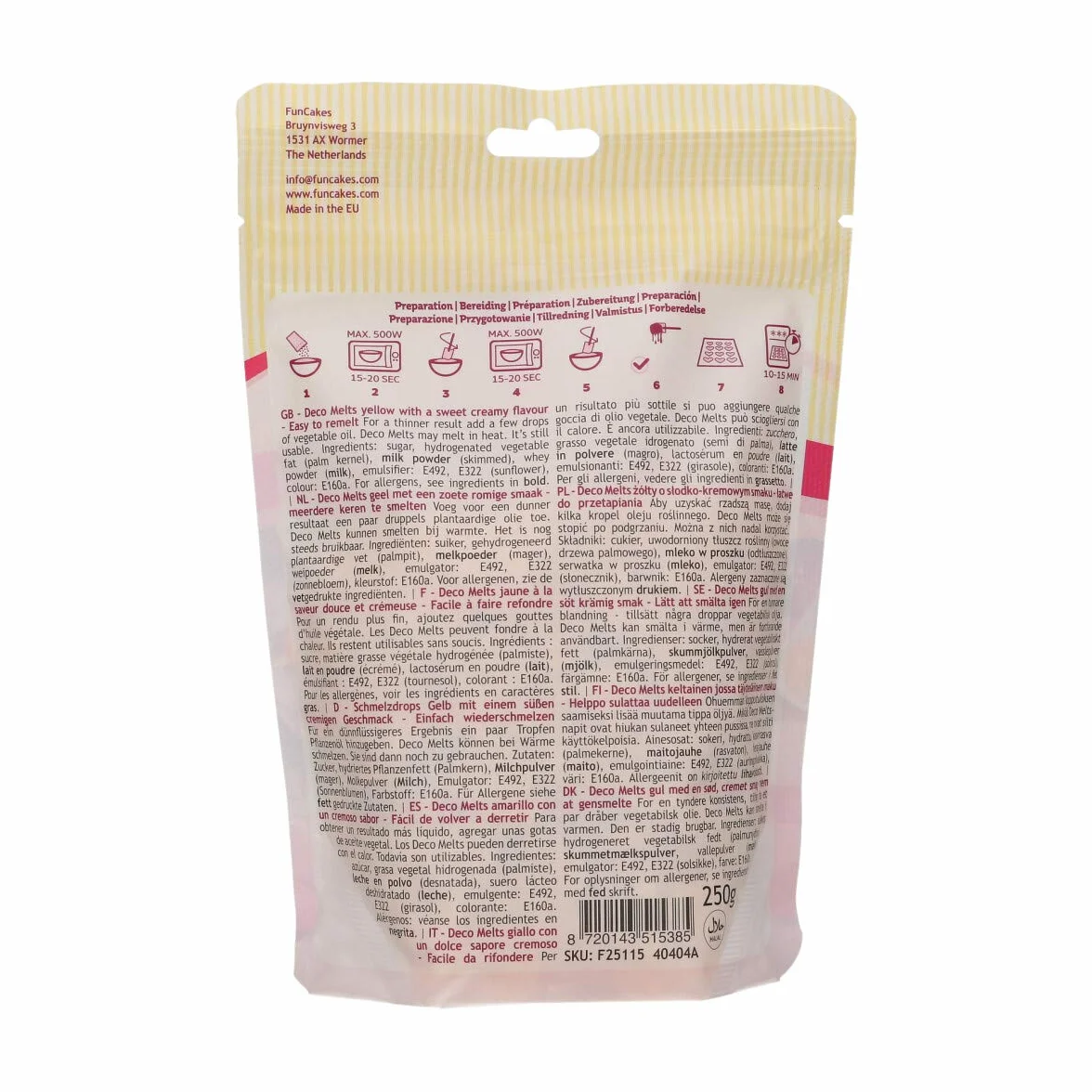 FunCakes Deco Melts Gelb - Trempez, coulez, arrosez et décorez ! Faire fondre brièvement au micro-ondes ou au bain-marie , 250 g