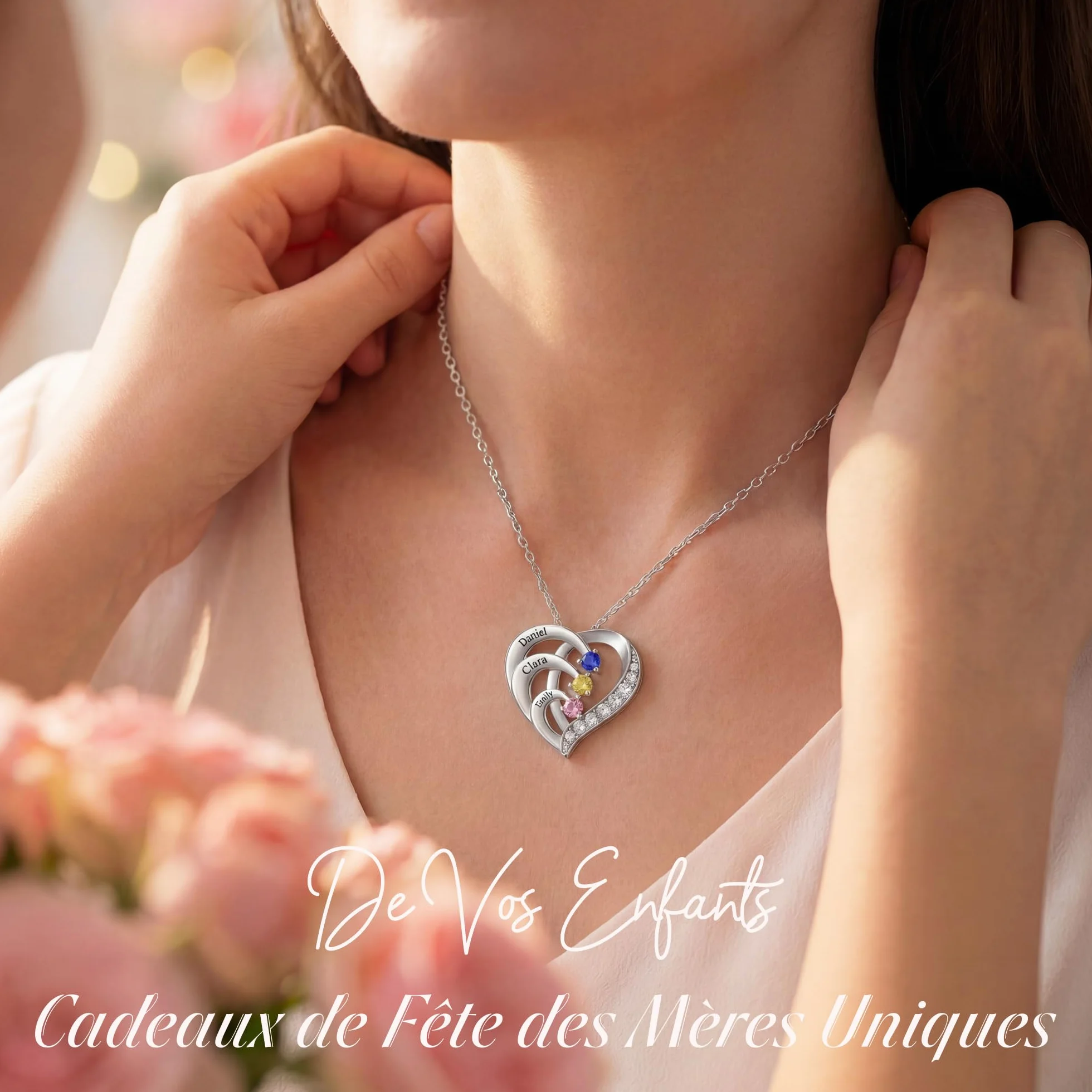 Easycosy Collier Personnalisé Prénom Pierres de Naissance Cadeau Fête des Mères Maman Bijoux Gravé Nom Pendentif Cœur