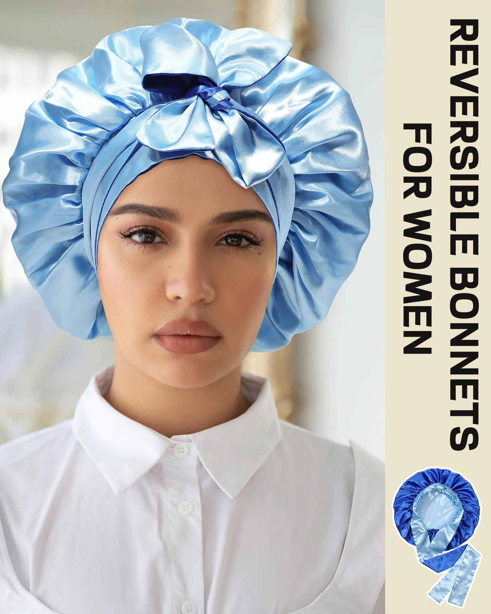 Bonnet en Satin pour Cheveux Bouclés Femmes Noires, Bandeau Réversible avec Nœud