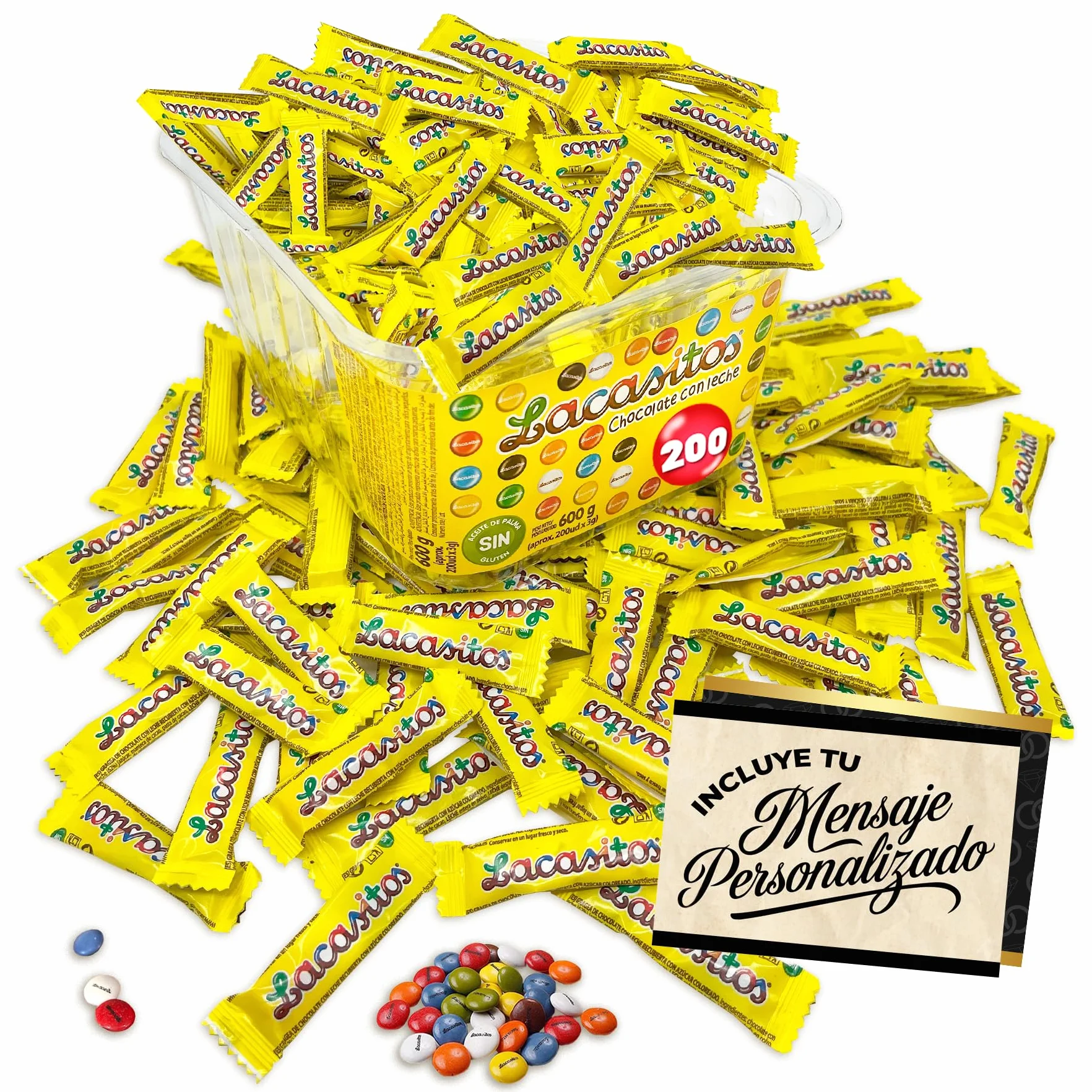 Lot de 200 Sachets Individuels de Lacasitos (3 par Pack) · Chocolat au Lait Coloré · Avec Carte Personnalisable Offerte · Idéal pour Anniversaires, Halloween, Fêtes ou Entreprises