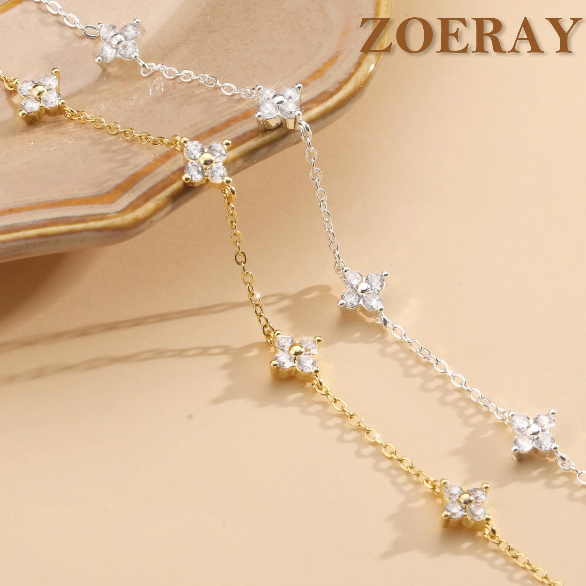 Bracelet Femme Argent 925 Plaqué Or 18K Zircon Cubique Trèfle 4 Feuilles Réglable
