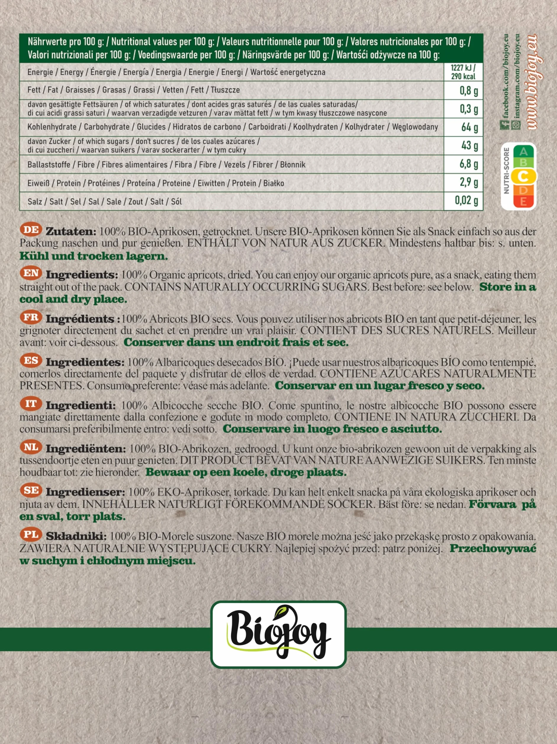 Biojoy Abricots secs BIO (1 kg), moelleux et dénoyautés