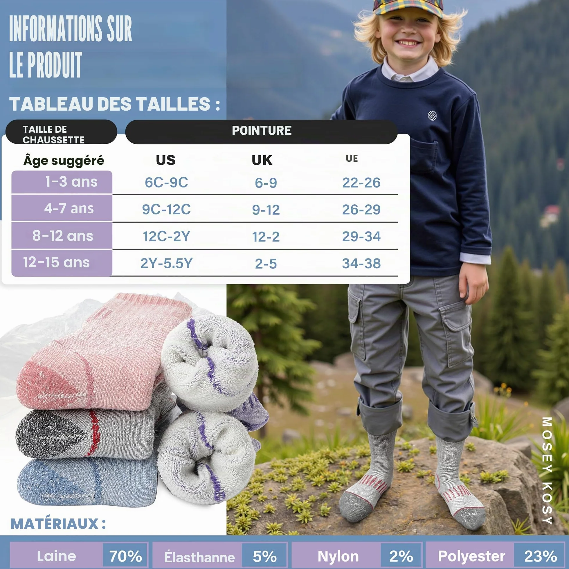 Chaussettes Randonnée Laine Mérinos Enfants MOSEY KOSY 4 Paires Thermique Hiver Chaudes Bottes Épaisses Snowboard