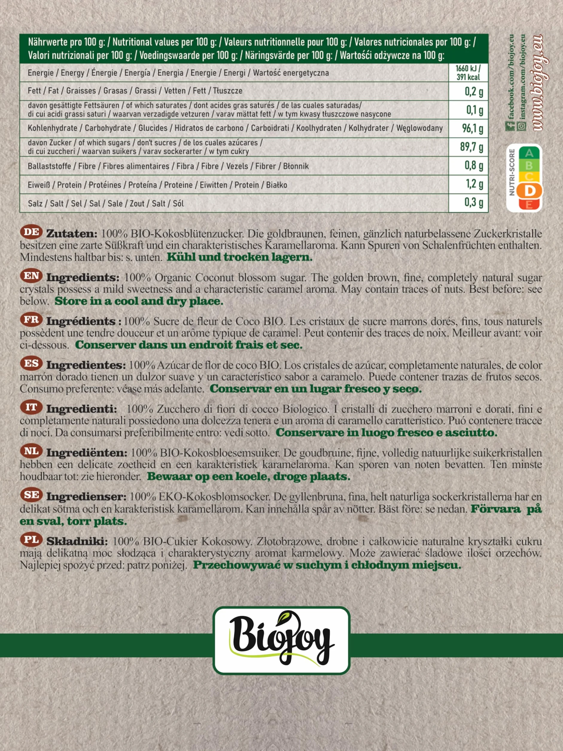 Biojoy Sucre de fleur de coco BIO (2 kg), non raffiné, sans additifs