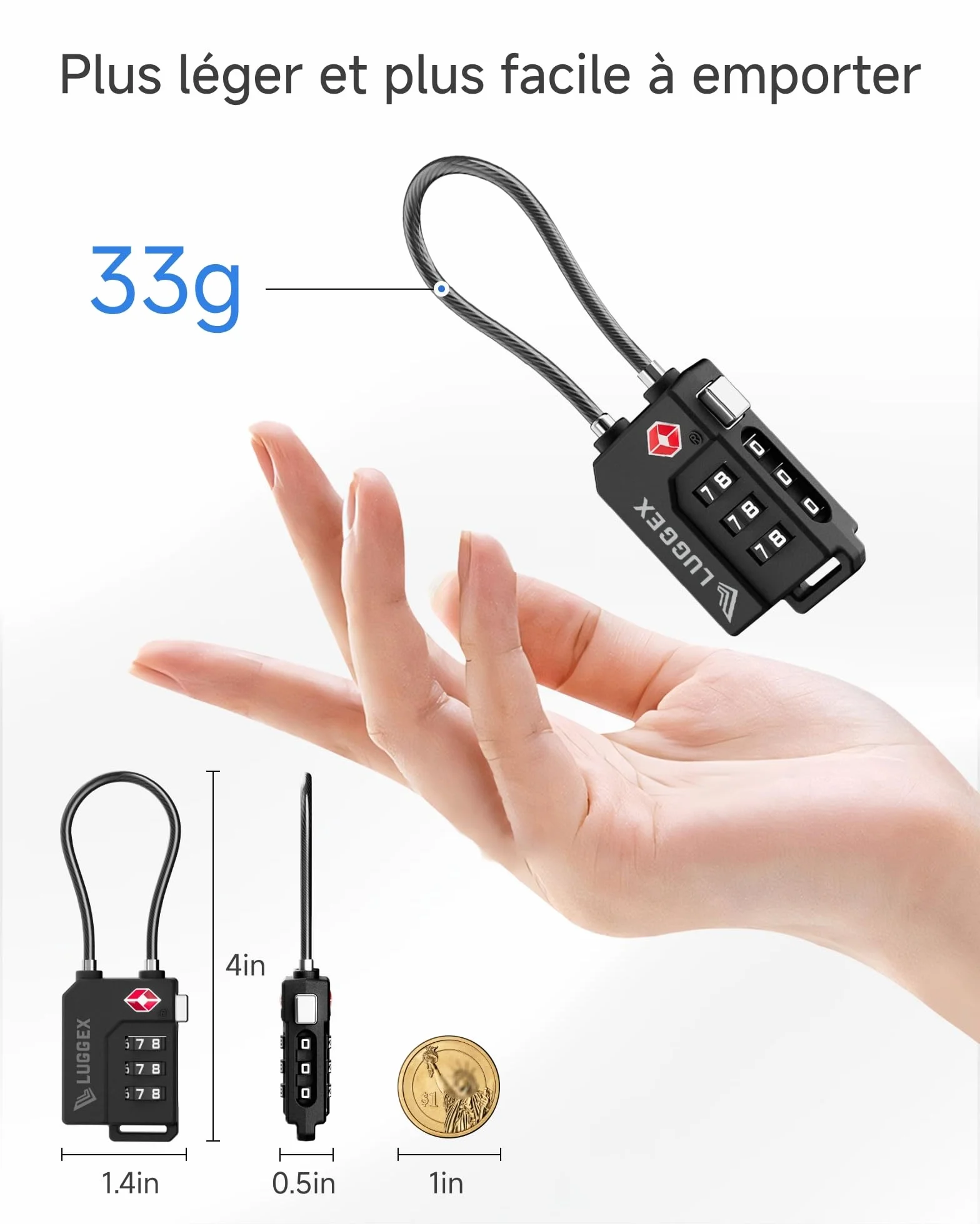 LUGGEX Cadenas Valise TSA Approuvé à Combinaison 3 Chiffres avec Câble Flexible pour Bagages, Noir, 4 pièces