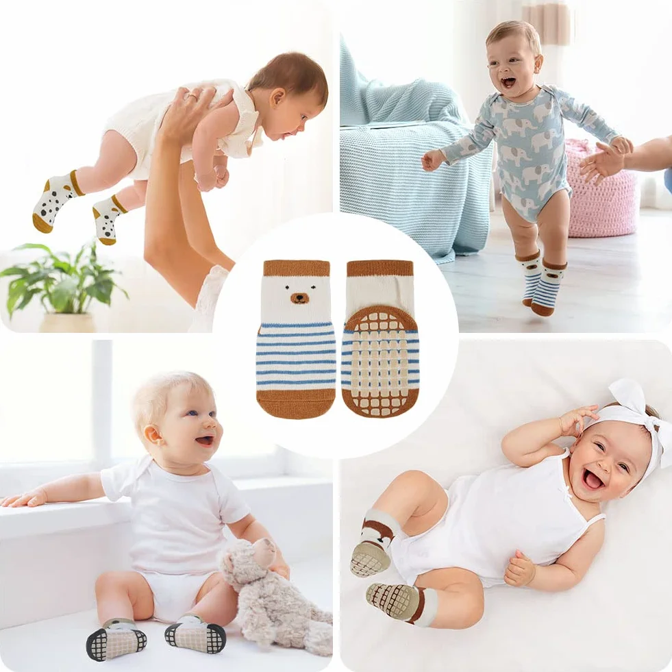 Vicloon Chaussettes Antidérapantes Bébé Coton 100% Fond Silicone 5 Paires Multicolore