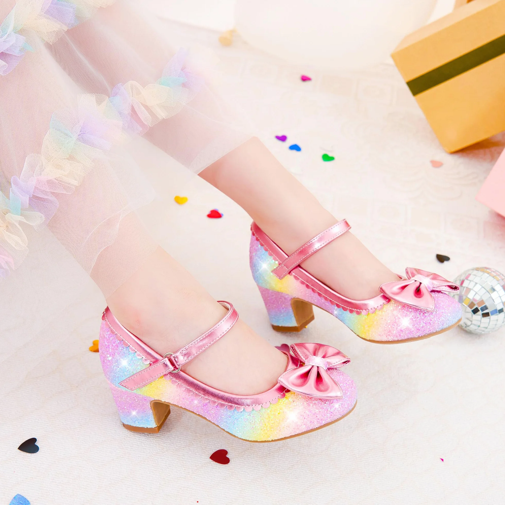 LAURMOSA Nœud Paillettes Chaussure Princesse Fille Mary Jane Talon Enfant Fête Cérémonie