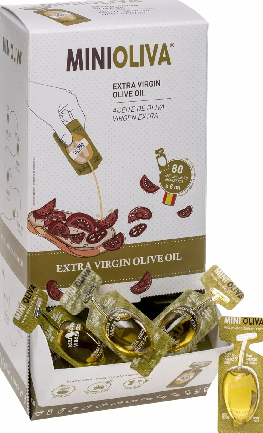 Distributeur d'huile d'olive extra vierge MINIOLIVA - 80 capsules individuelles de 8 ml, idéal pour la maison, le bureau, les voyages et un usage quotidien