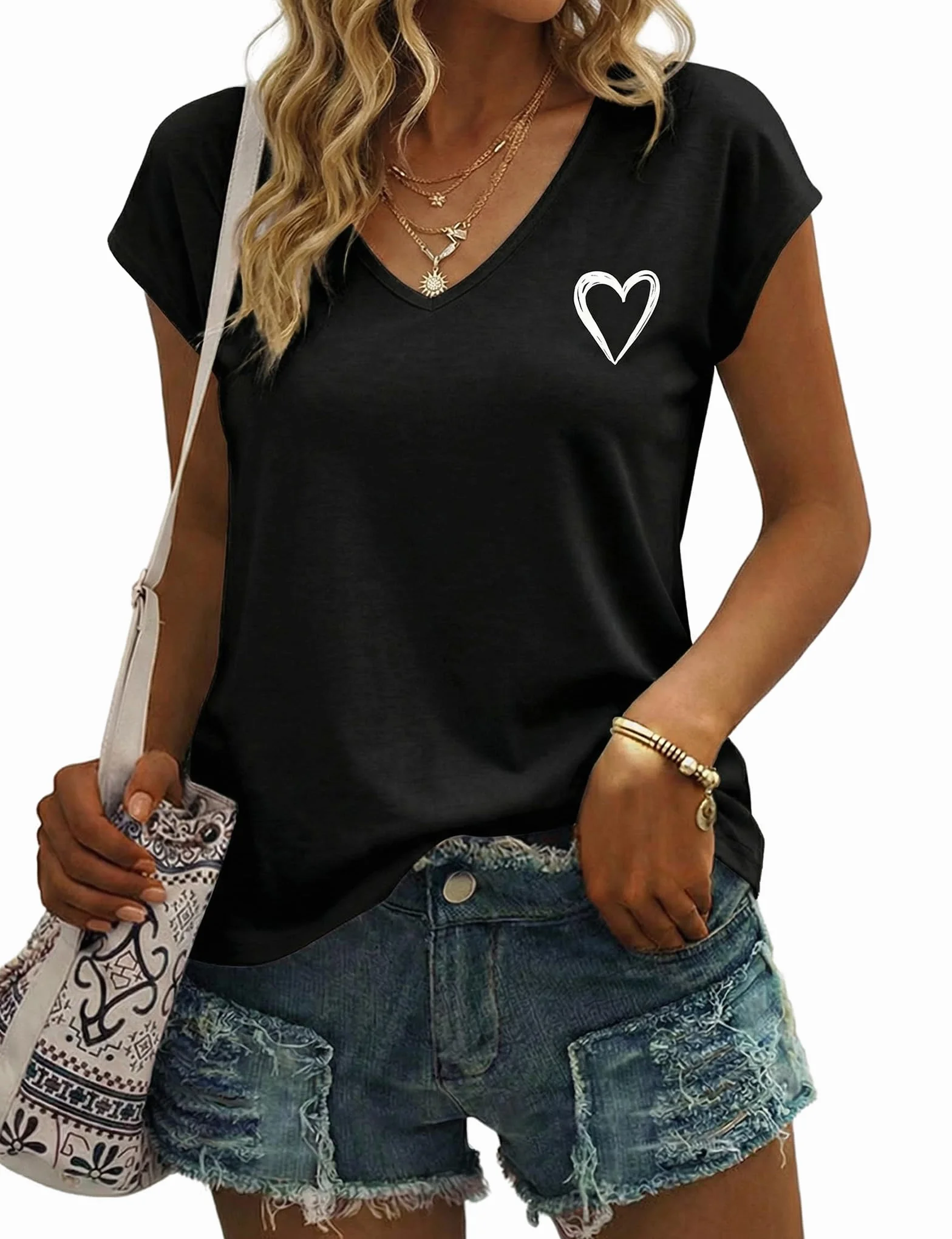 T-Shirt Femme Col V Manches Courtes avec Imprimé Cœur