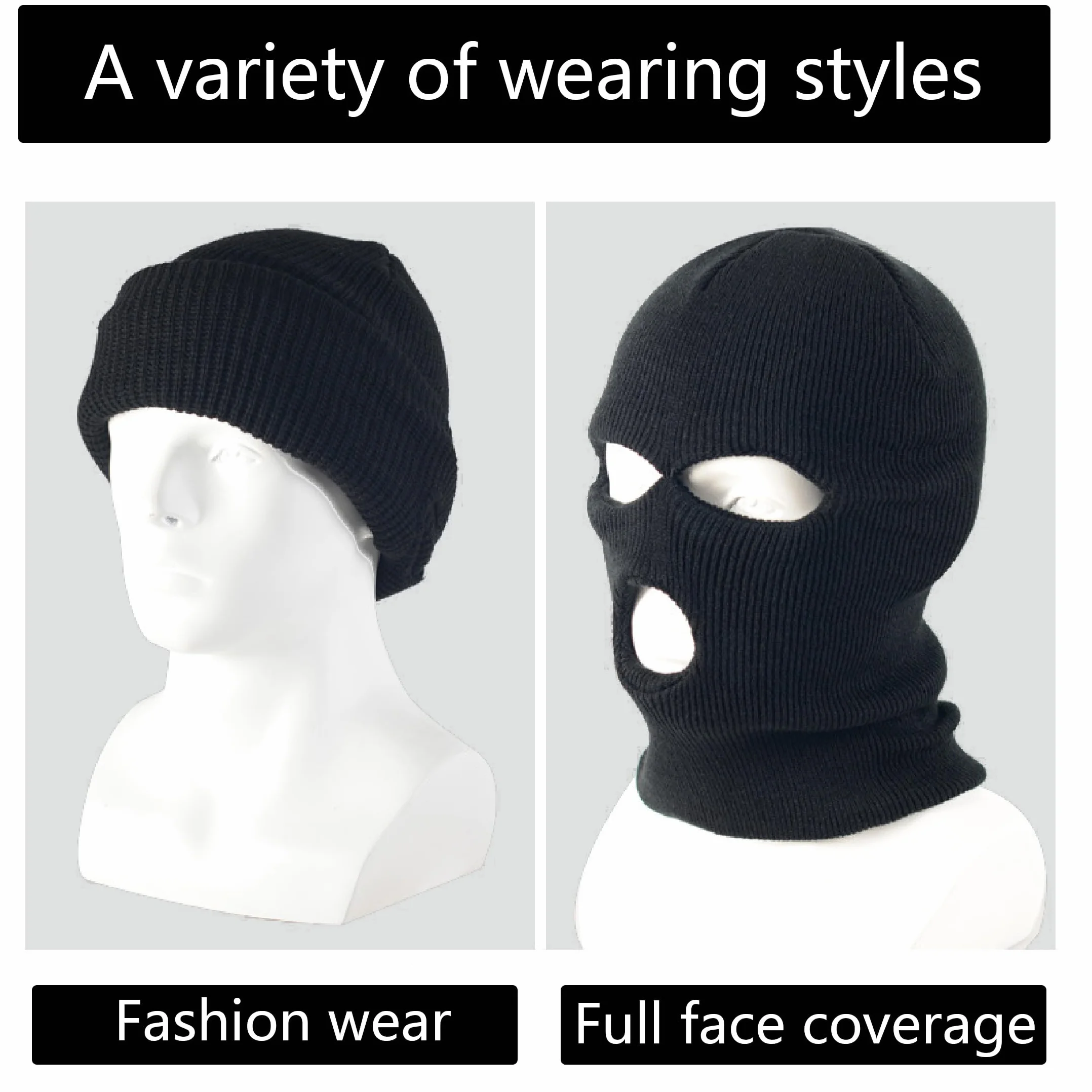Cagoule 3 Trous Tricoté Noir Masque de Ski pour Hommes et Femmes