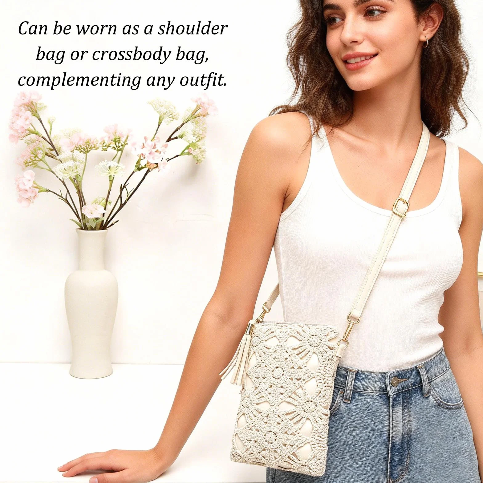 Sac à Main Femme Cuir Blanc Fleurs Ajourées Bandoulière Fermeture à Glissière Besace Pochette