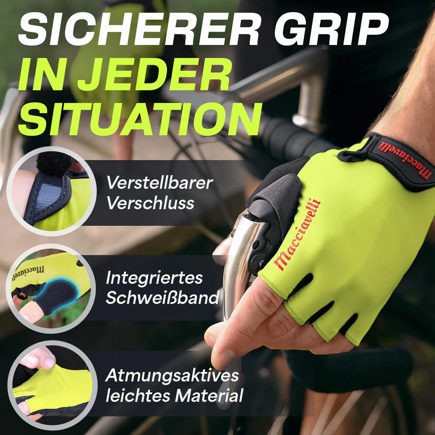 MACCIAVELLI Gants de cyclisme pour homme rembourrés respirants sans doigts avec inserts en gel VTT vélo route