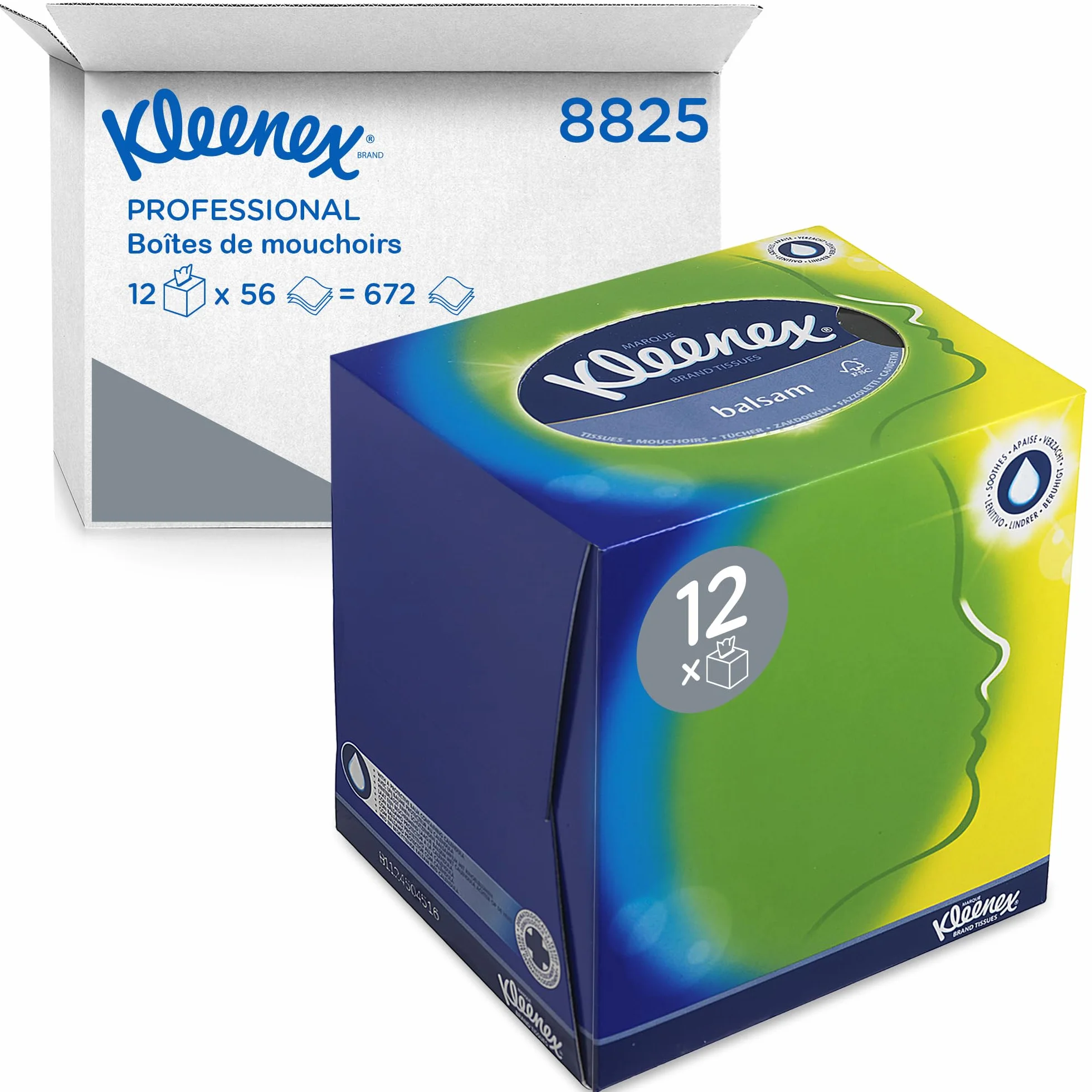 Kleenex Mouchoirs en Boîte Cubique, 3 Épaisseurs, Blancs, Ultra Doux, Absorbants, Sans Parfum, 12 Boîtes x 56 Mouchoirs (672 au Total), article 8825