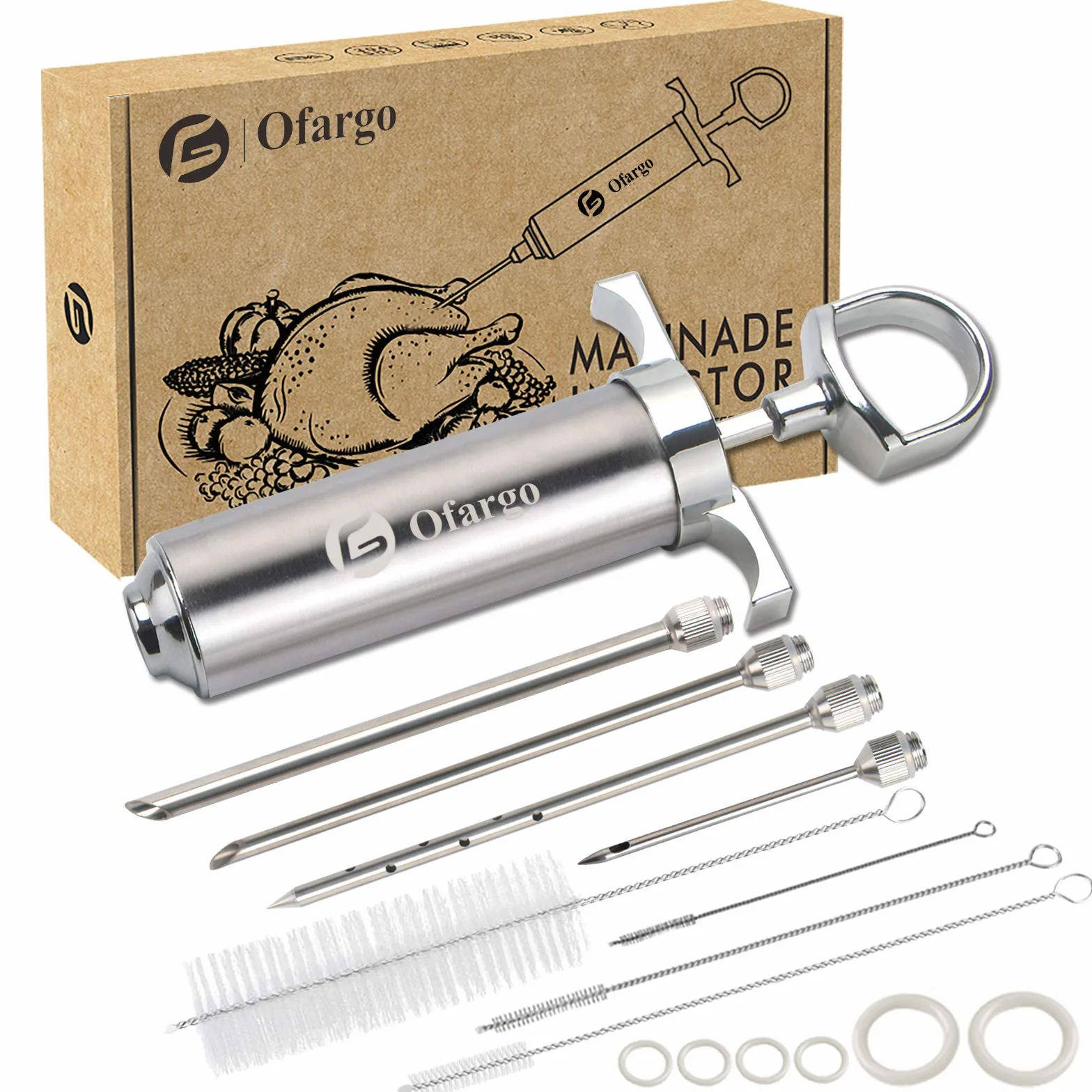 Ofargo Seringue alimentaire, Seringue viande avec 4 Aiguilles, injecteur de marinade pour Boeuf, Poulet, BBQ; seringue à marinade capacité de 60 ml/2 oz; Mode d'emploi disponible