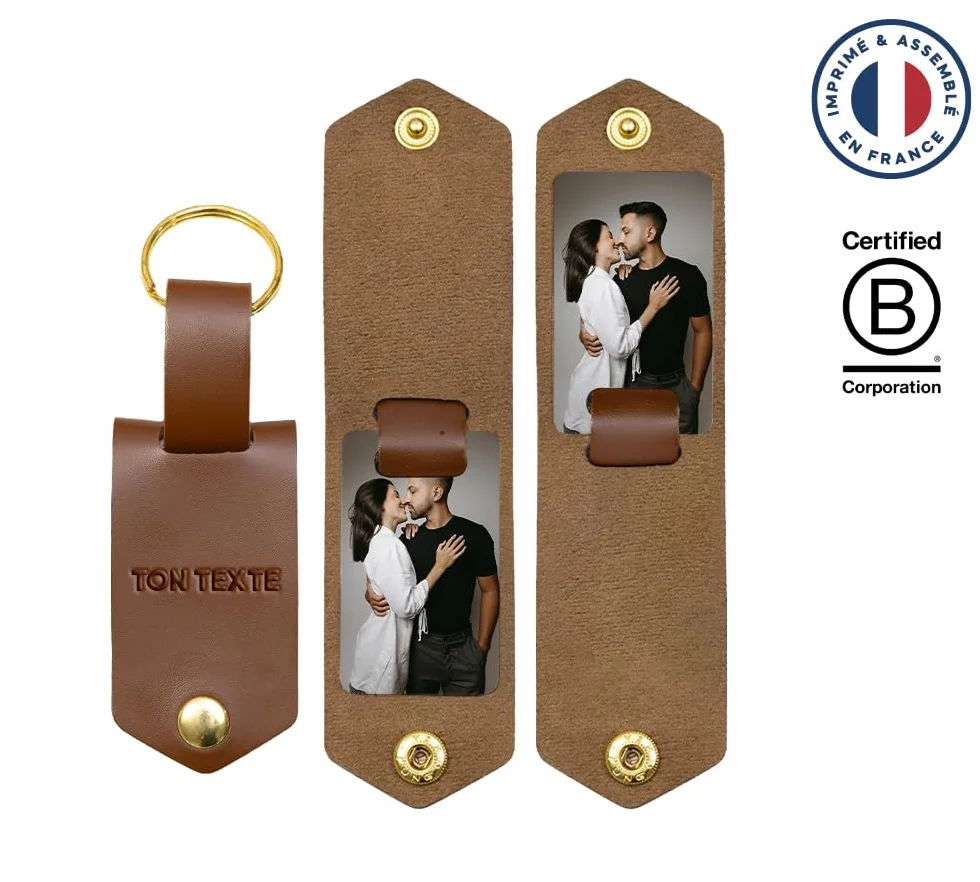 Porte Clé En Cuir Personnalisé avec Texte Gravé et Deux Photos
