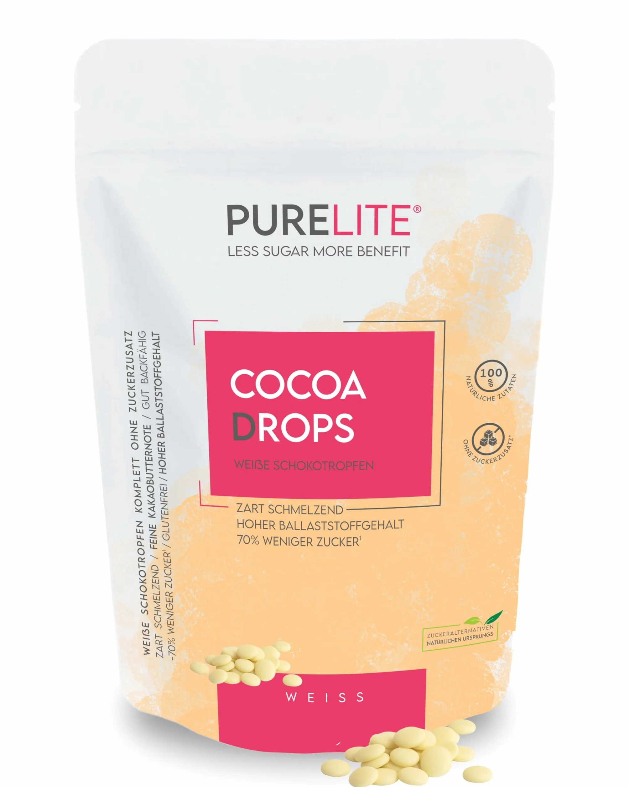 PURELITE Cocoa Drops blanc 450g, gouttes de chocolat blanc sans sucre ajouté avec érythritol & stévia sans arrière-goût, 70% à teneur réduite en sucre, conscient des calories
